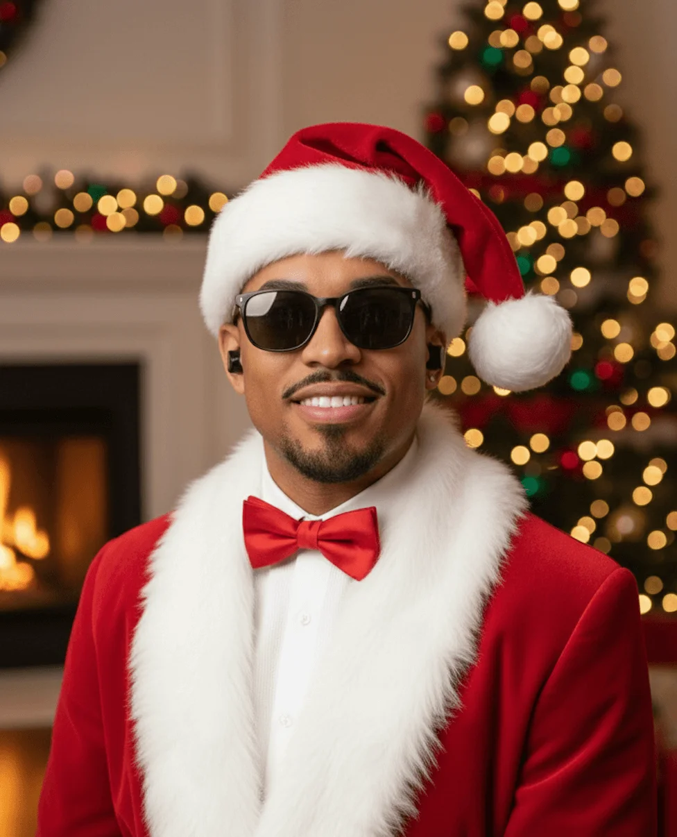 Smiling man dressed as Santa wearing sunglasses and earbuds before Christmas lights