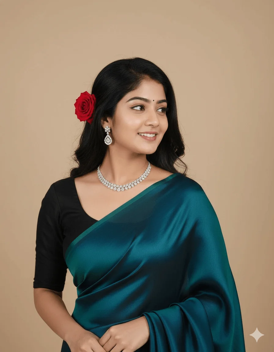 Woman in a deep teal satin saree with a red rose tucked behind her ear