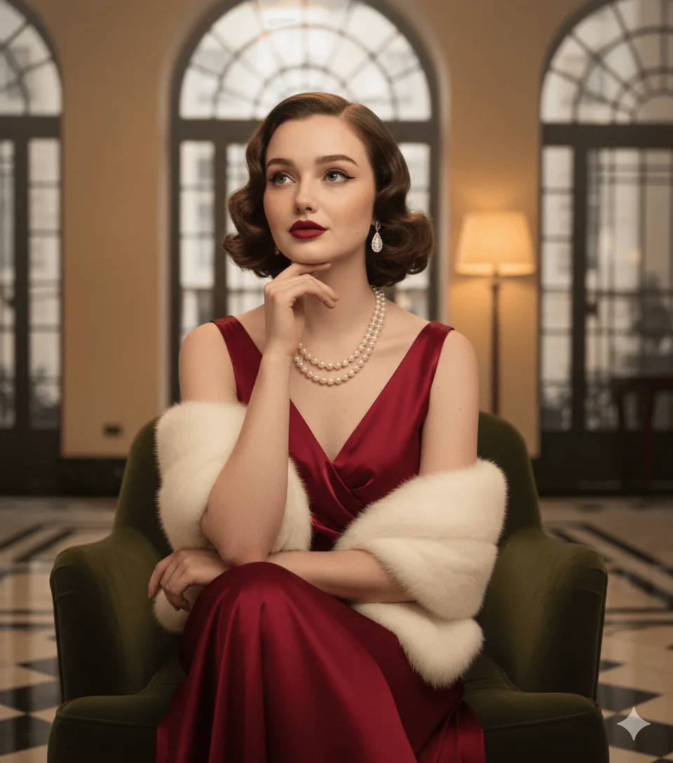 Woman in a red satin gown and white fur stole posing in a vintage interior