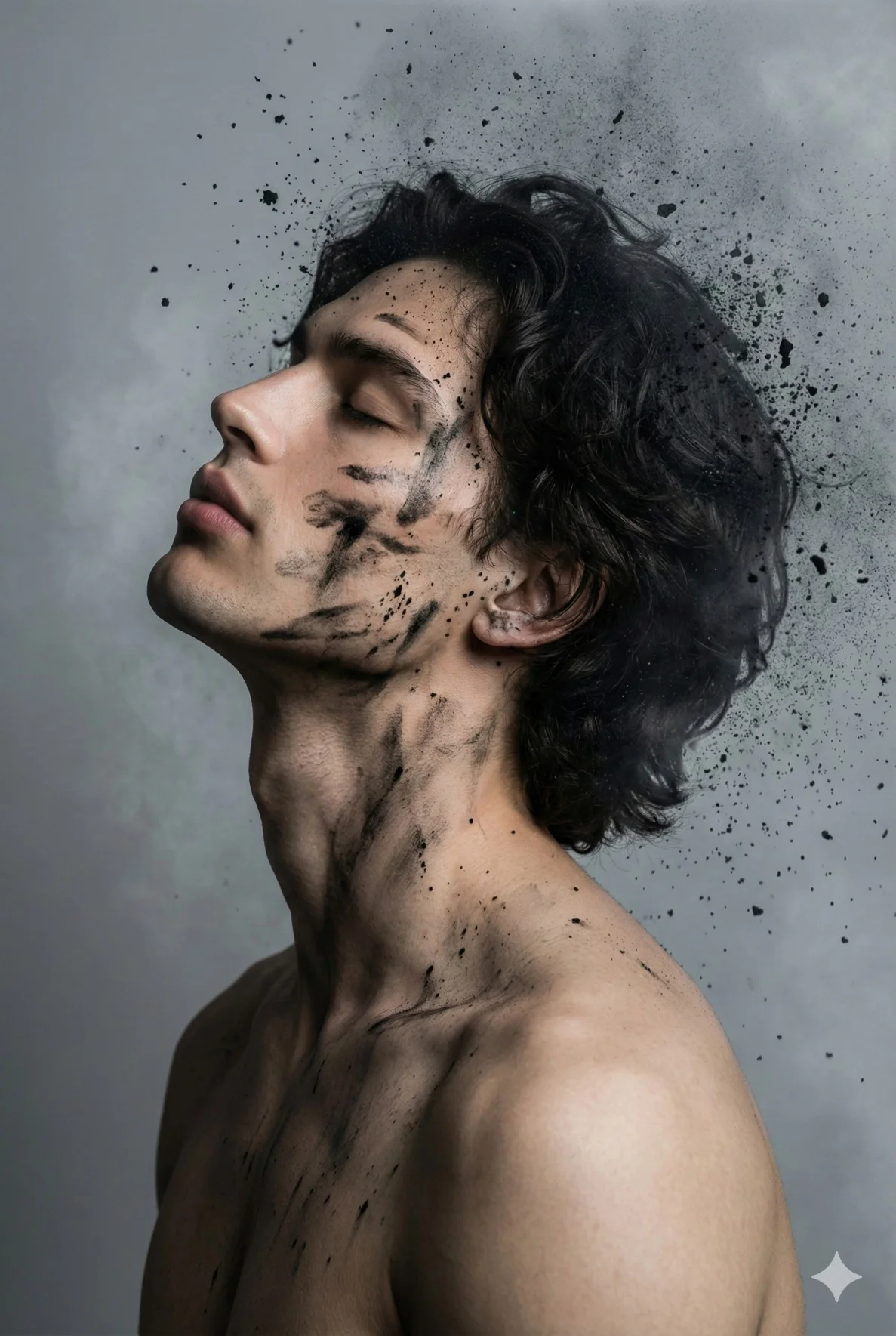 Side-profile man with charcoal marks and black dust scattering around his head