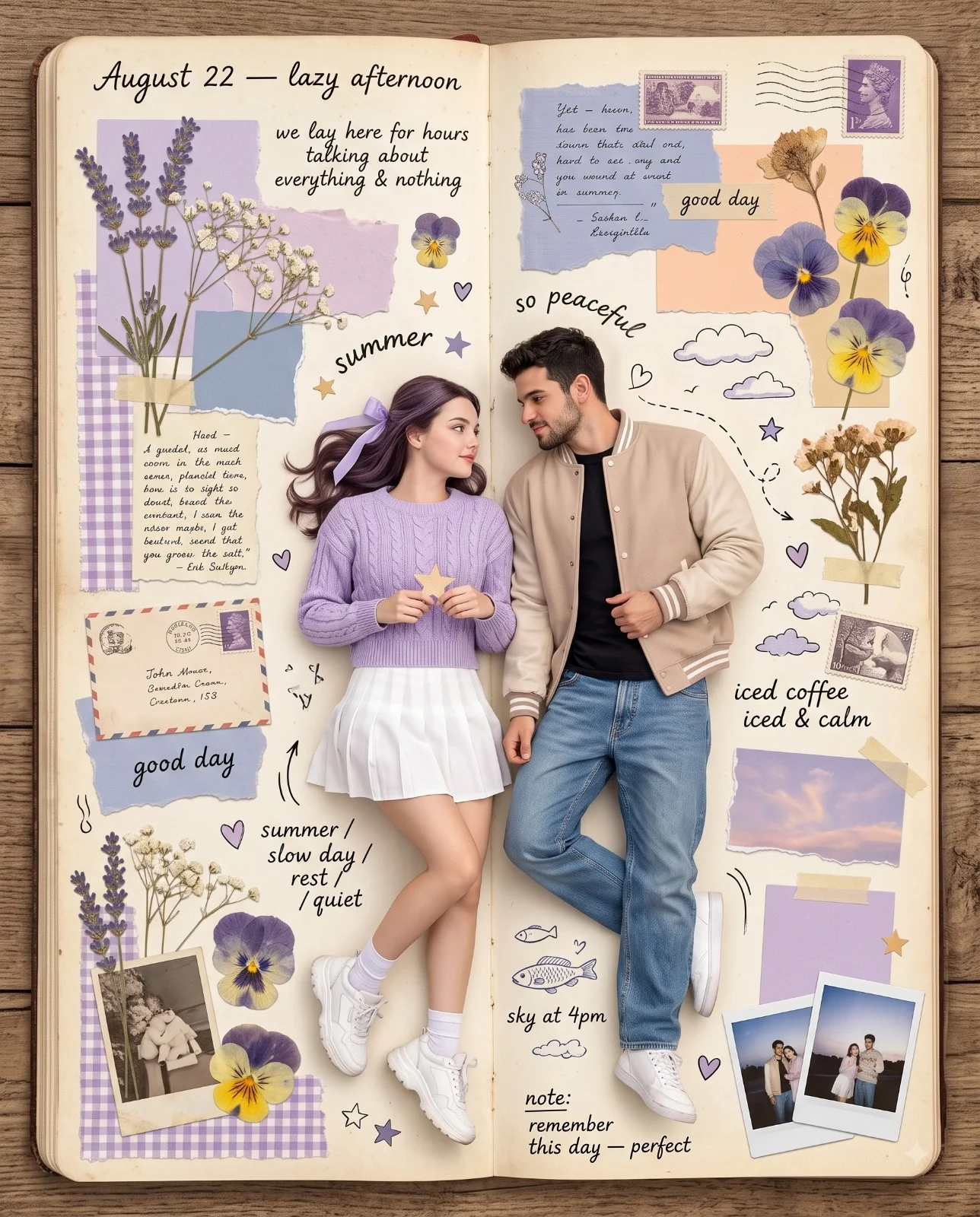 Couple lying across an open scrapbook journal filled with flowers, notes, and photos