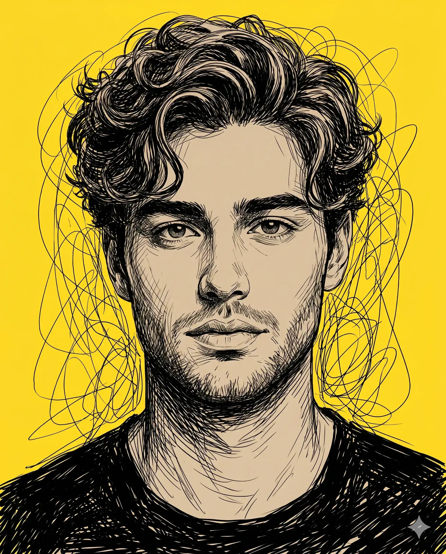 Scribble-style portrait of a man drawn in black ink on a yellow background