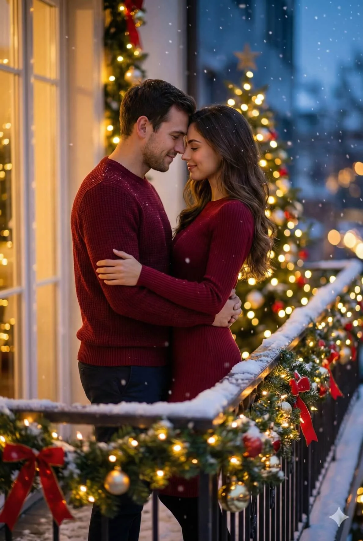 Couple in red embracing on a Christmas balcony with lights and falling snow