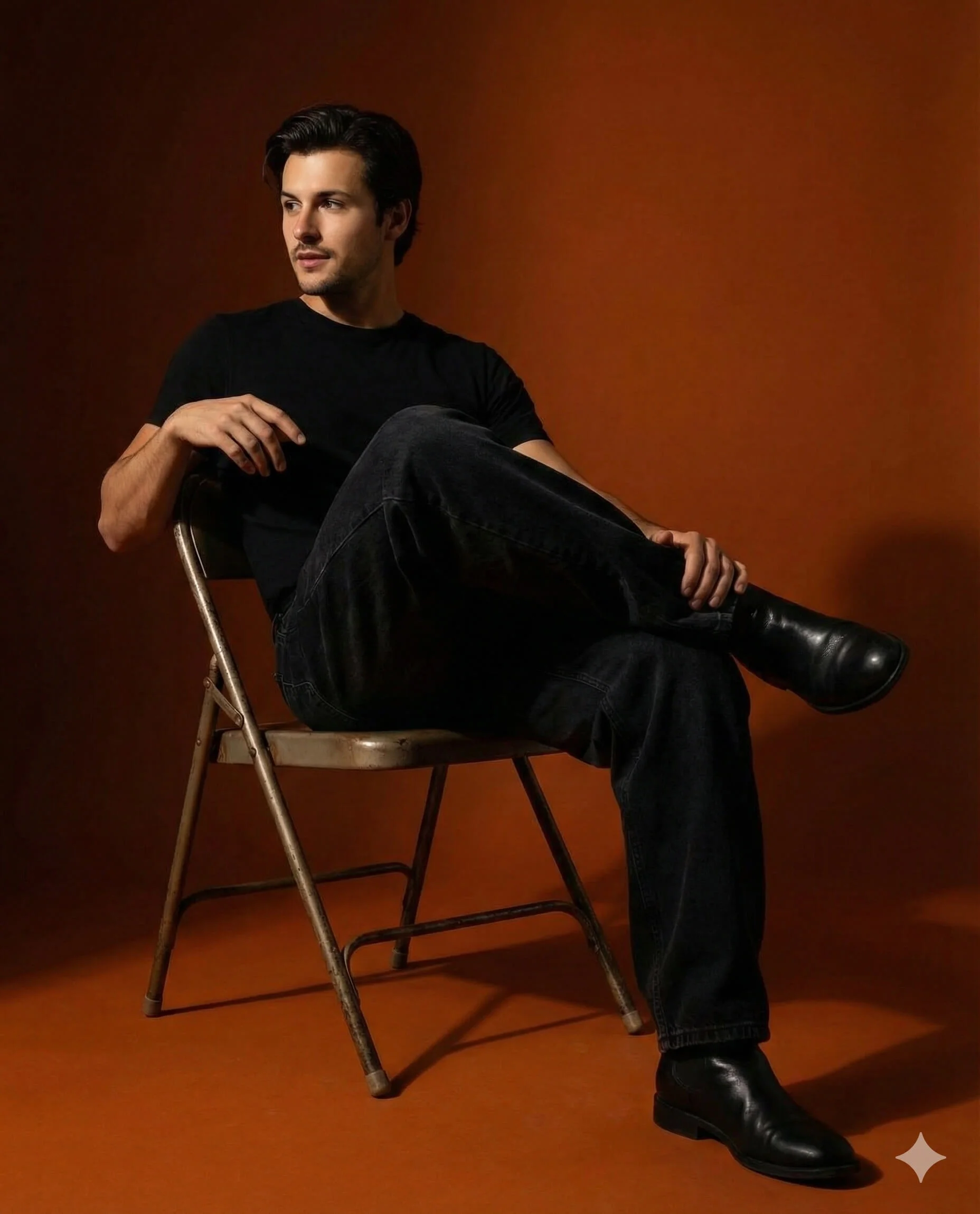 Man in an all-black outfit seated on a folding chair in a burnt-orange studio