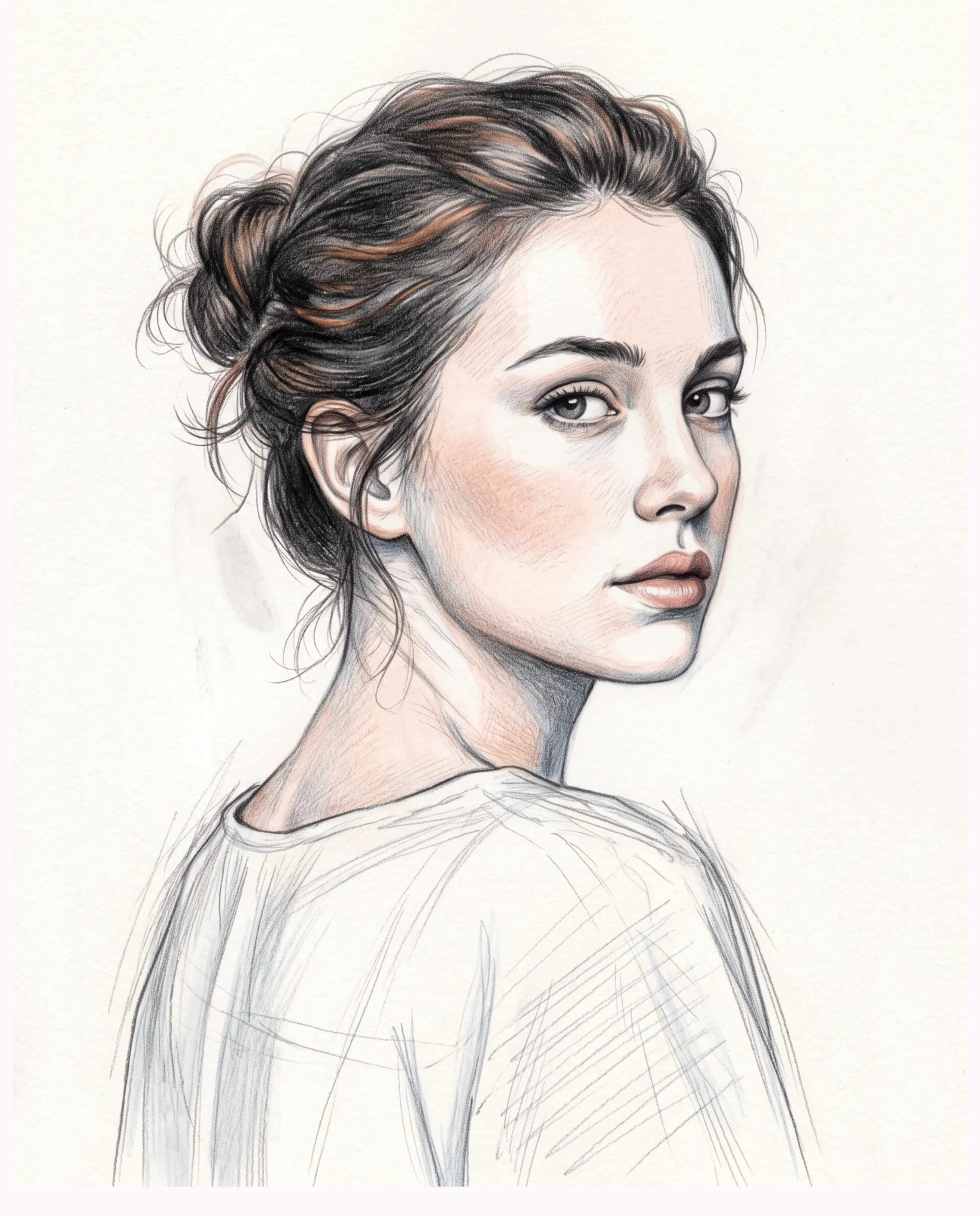 Colored-pencil portrait of a woman with a loose bun looking over her shoulder