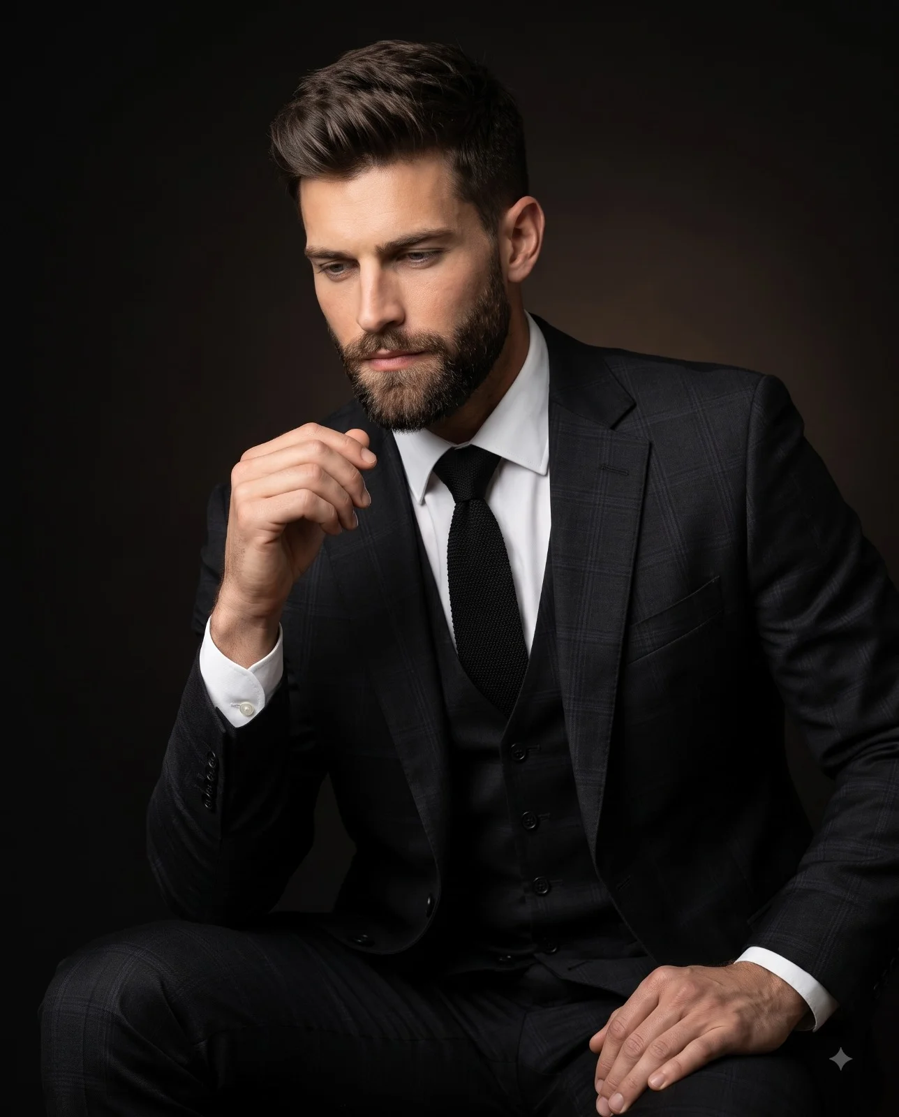 Bearded man in a black three-piece suit seated thoughtfully in a dark studio