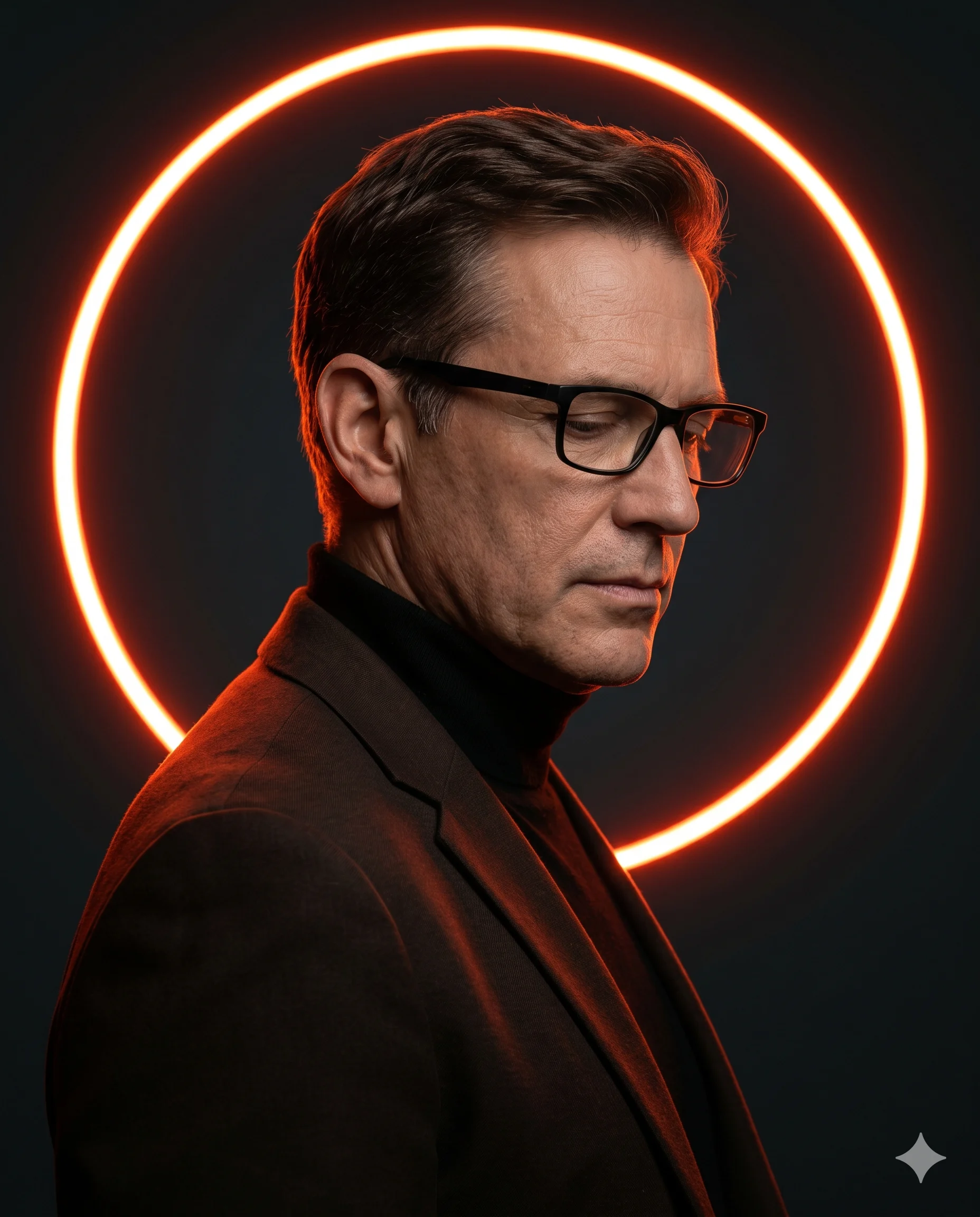 Serious man in glasses and a brown blazer framed by an orange neon ring