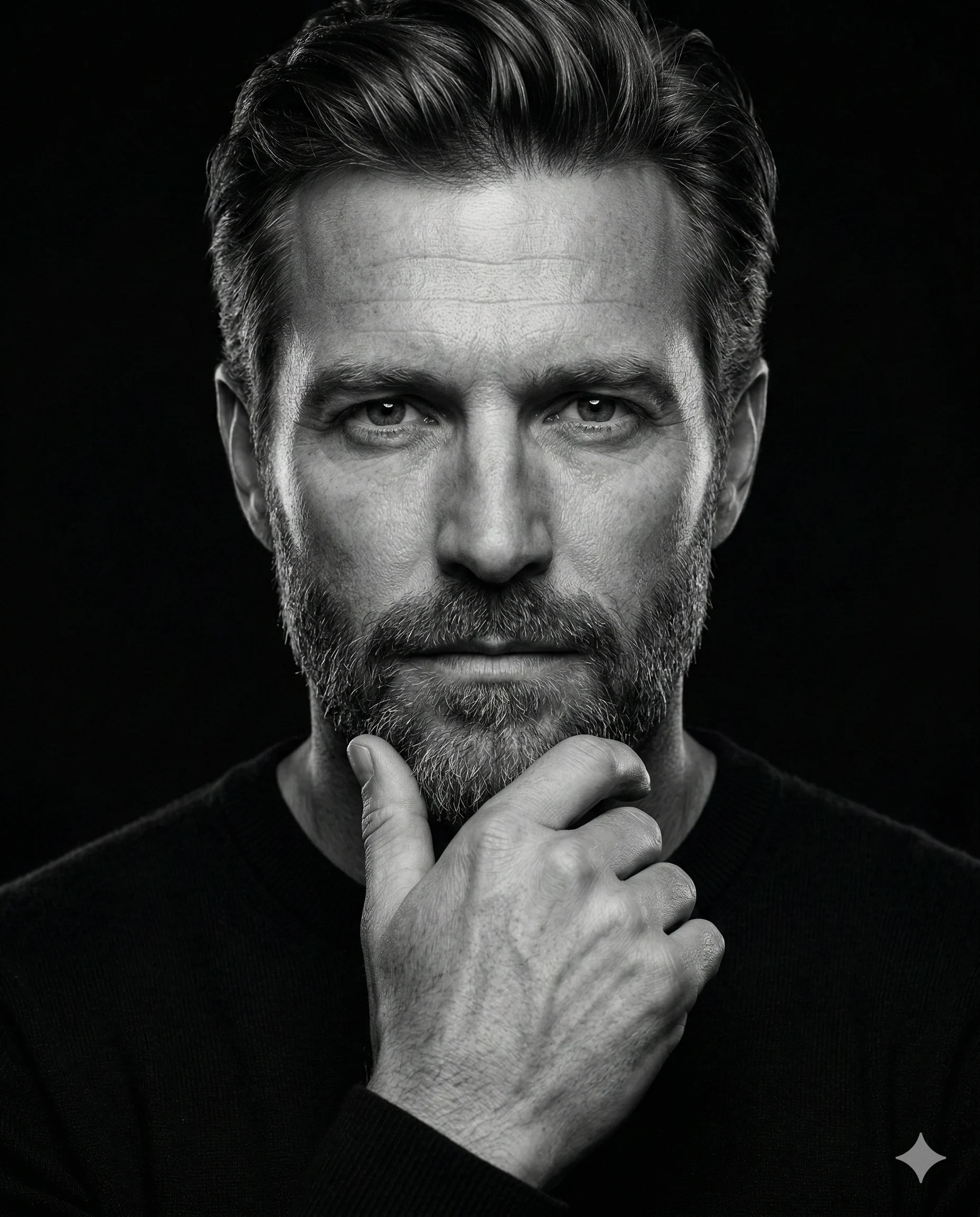Black-and-white close-up of a bearded man resting his hand against his chin