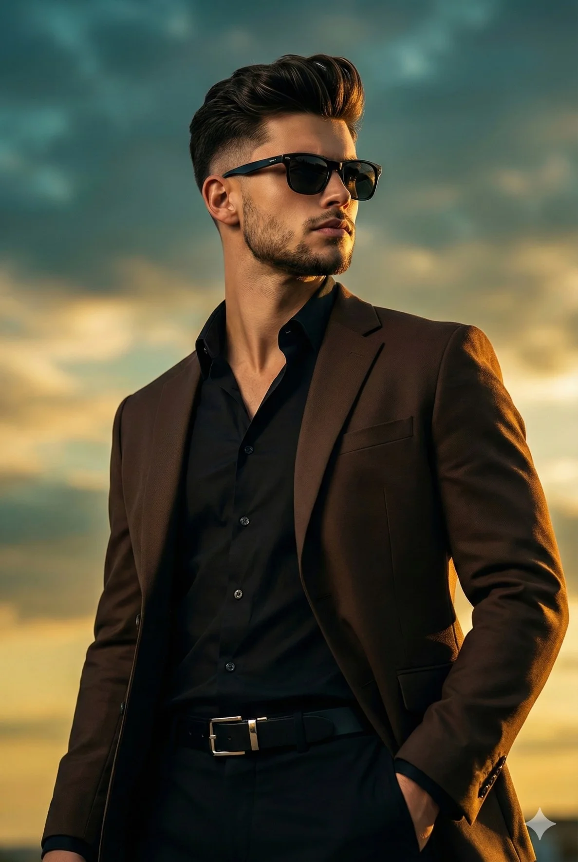 Man in a dark-brown blazer and sunglasses posed against a sunset sky