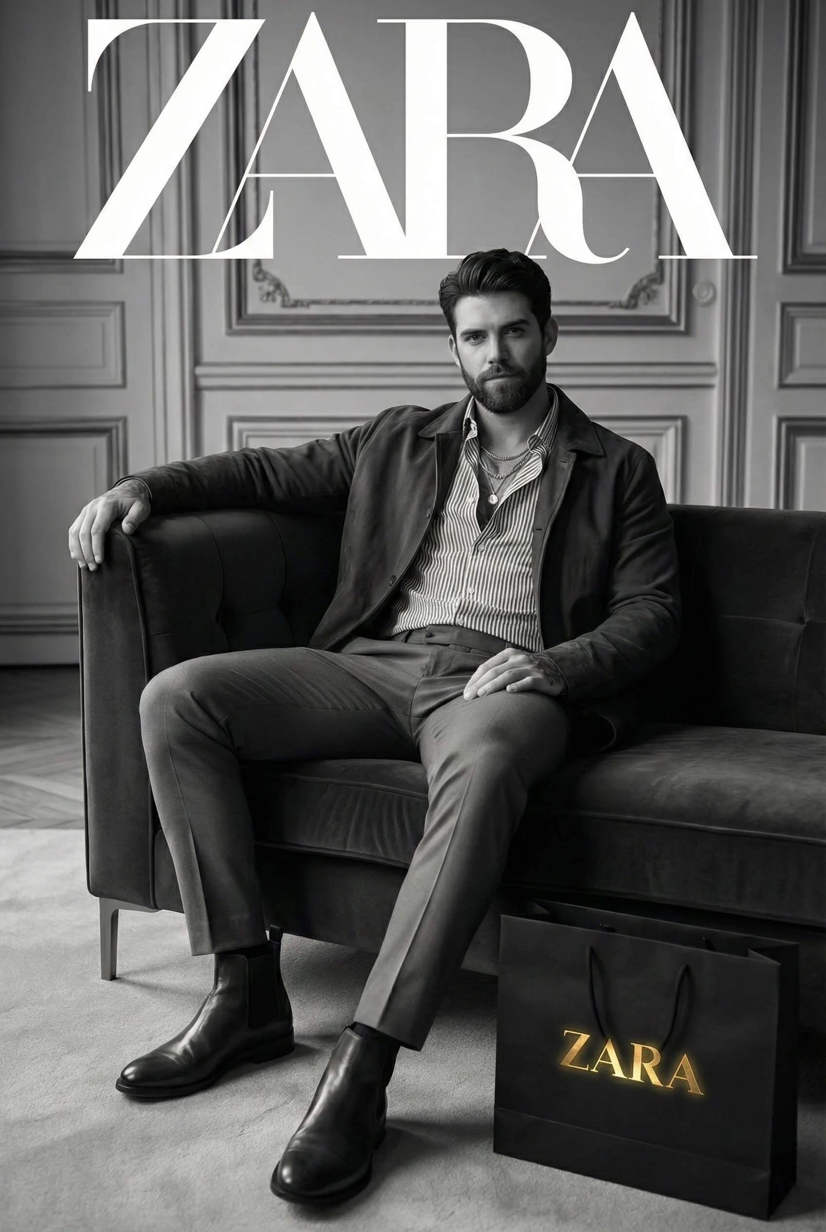 Black-and-white fashion portrait of a man on a velvet sofa beneath a ZABA masthead