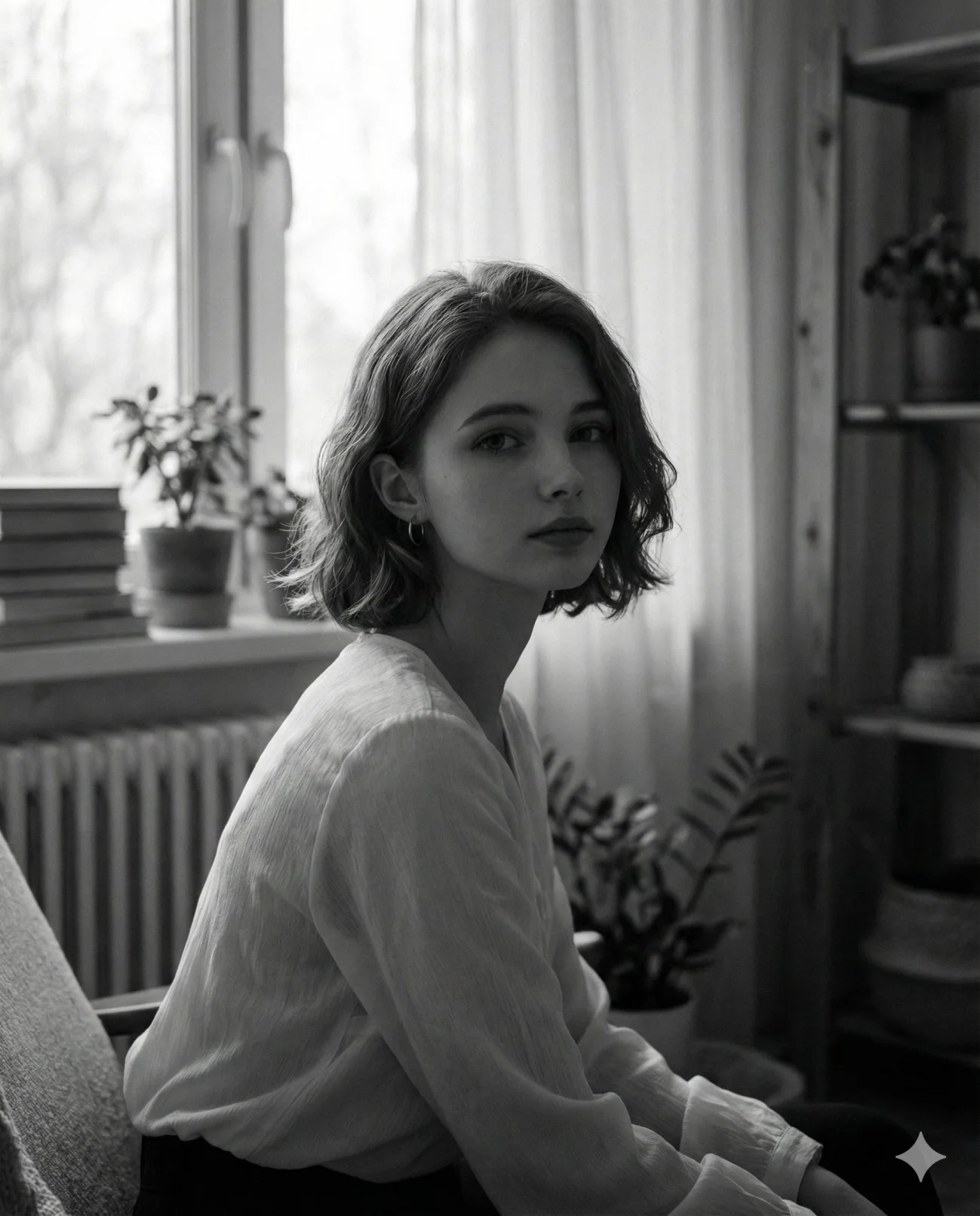 Black-and-white portrait of a woman seated beside a softly lit window