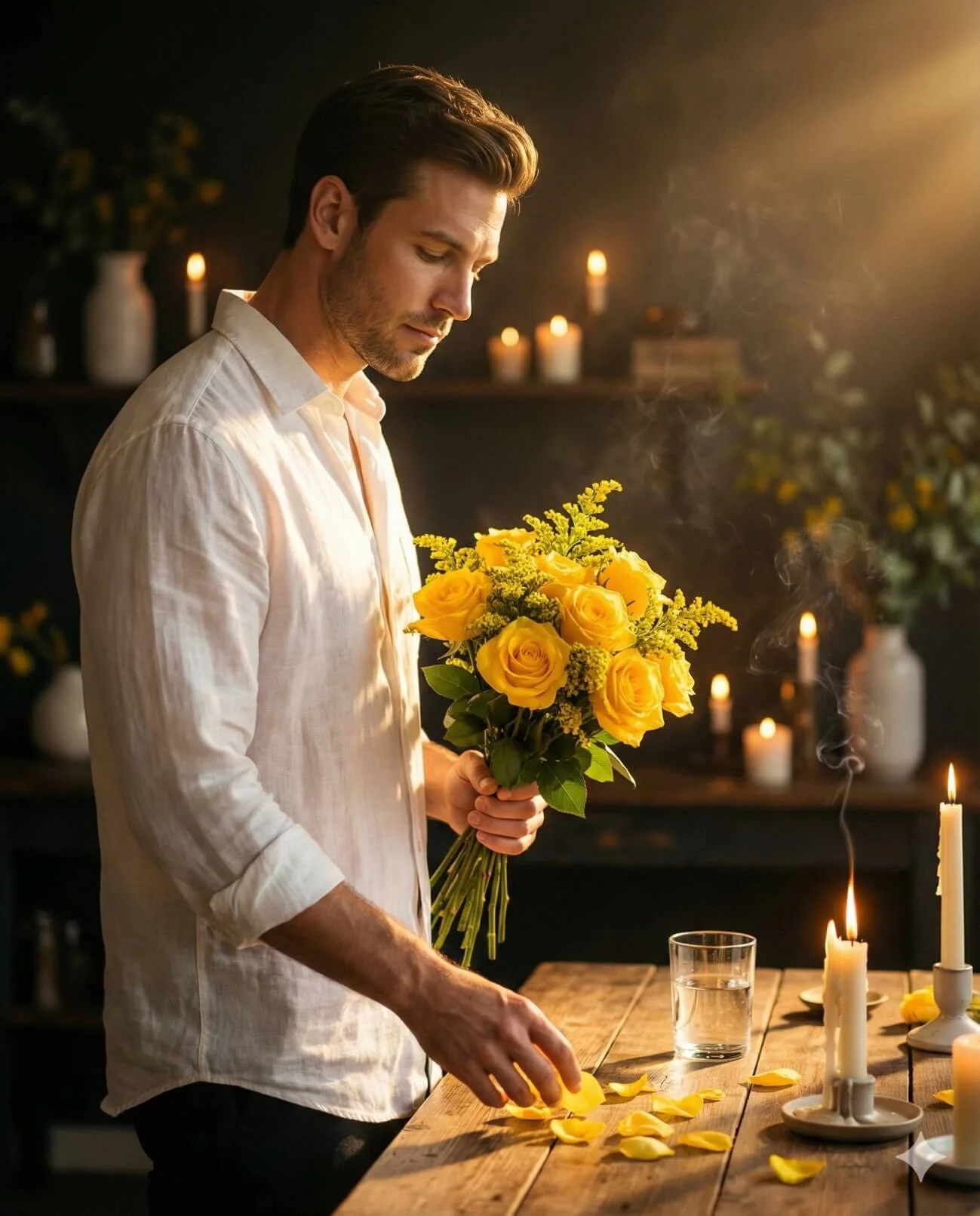 Man in a white shirt arranging yellow roses beside candles on a wooden table