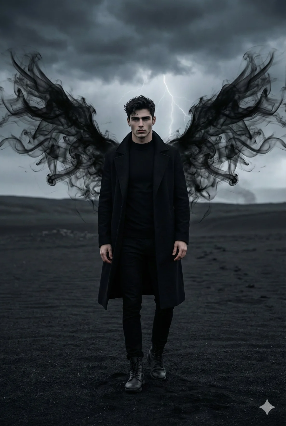 Man in a black coat with smoky shadow wings standing in a dark desert