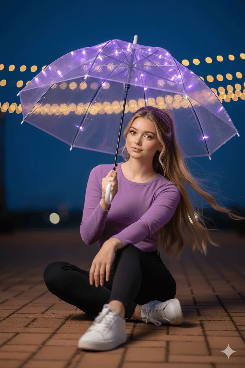 Woman seated beneath a transparent umbrella glowing with purple string lights