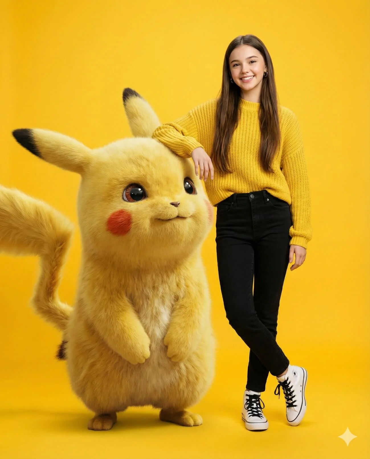 Smiling woman in a yellow sweater standing beside a giant Pikachu