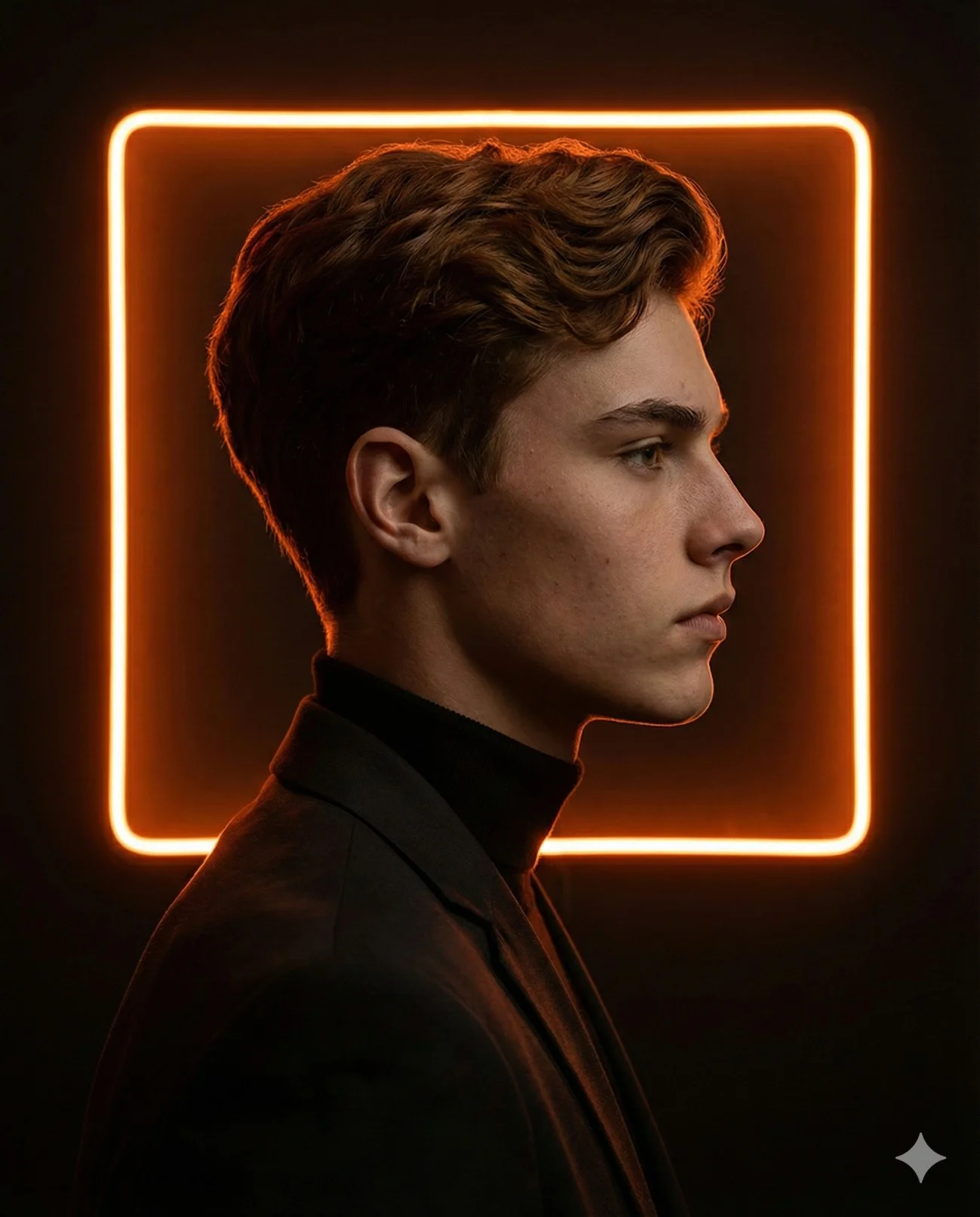 Man in side profile outlined by a glowing orange square on black