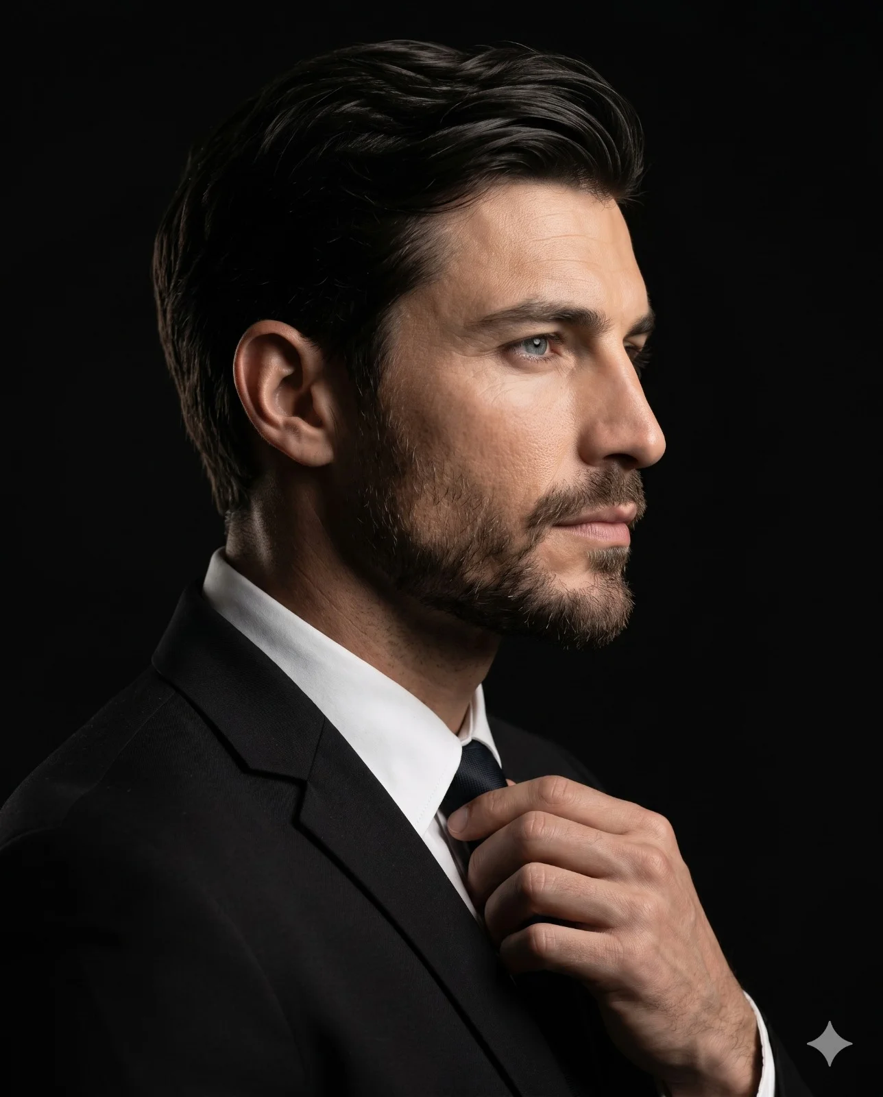 Professional man in a black suit adjusting his tie in side profile
