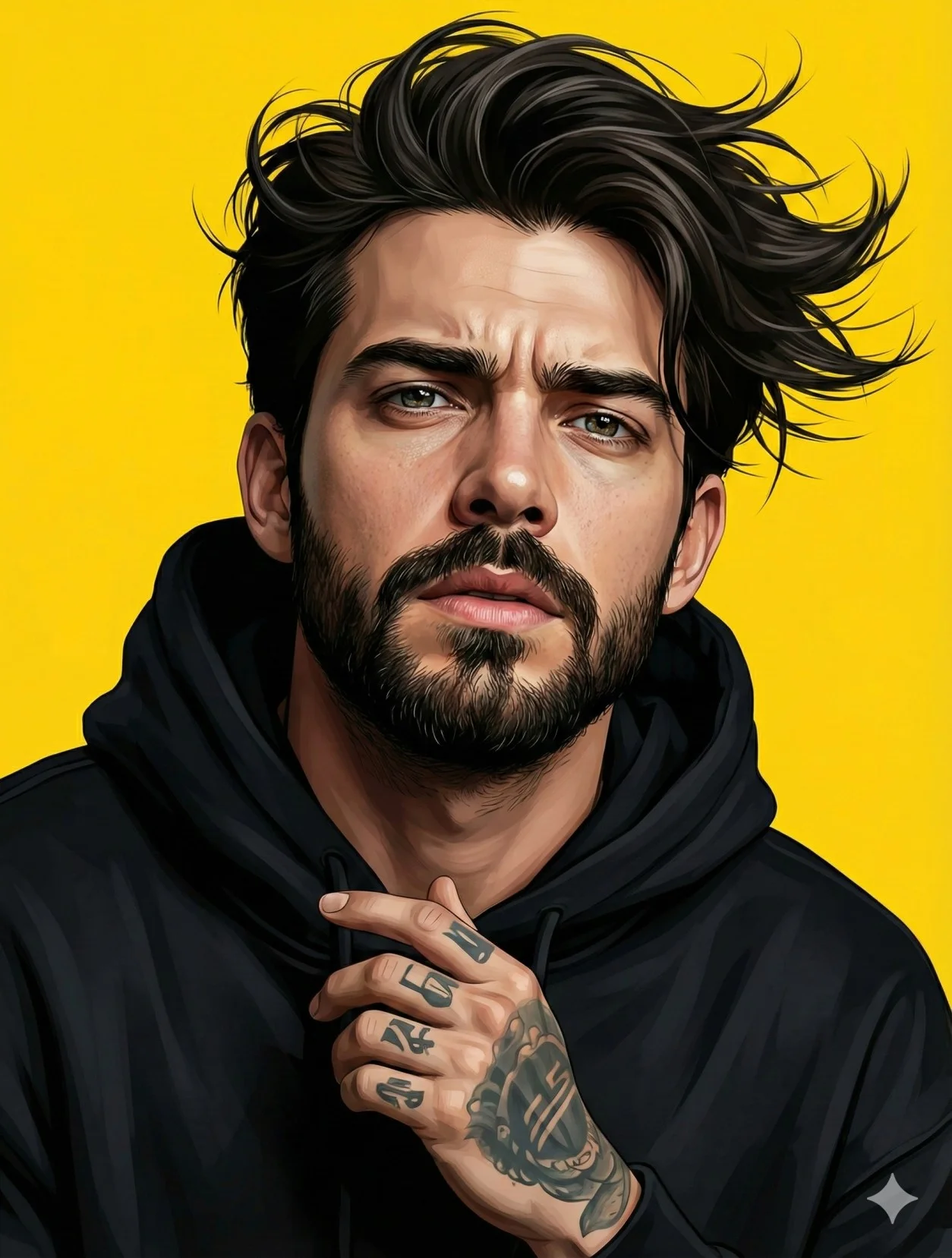 Illustrated bearded man in a black hoodie with hand tattoos on a yellow background