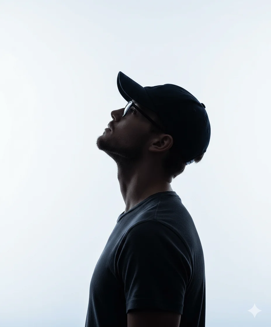 Dark silhouette of a man in a baseball cap looking upward against a pale background