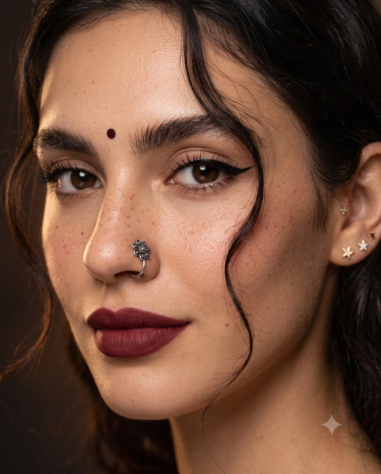 Close-up of a woman with a silver floral nose ring, maroon bindi, and dark lipstick