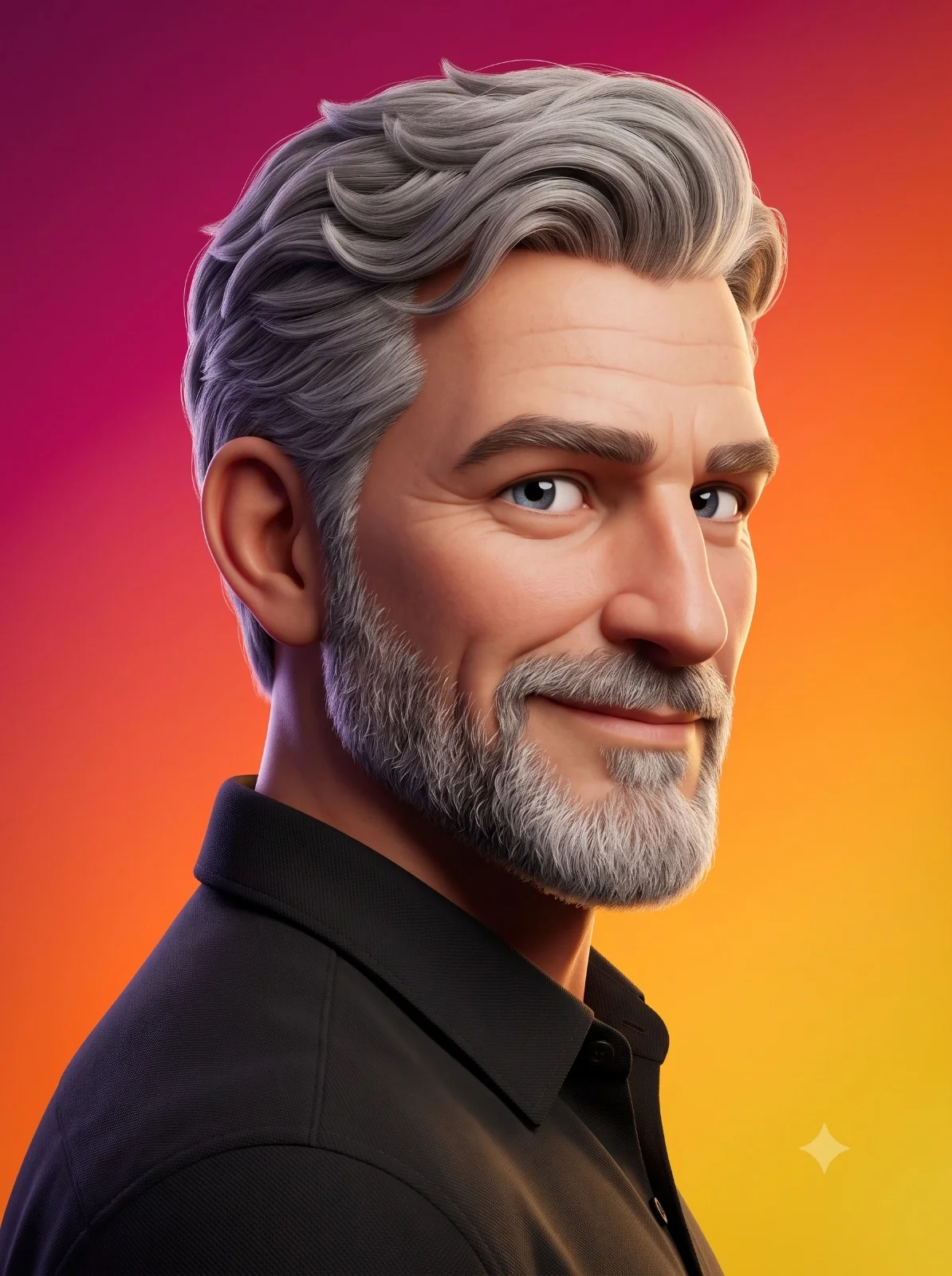 Stylized 3D man with silver hair and a black shirt against a bright gradient