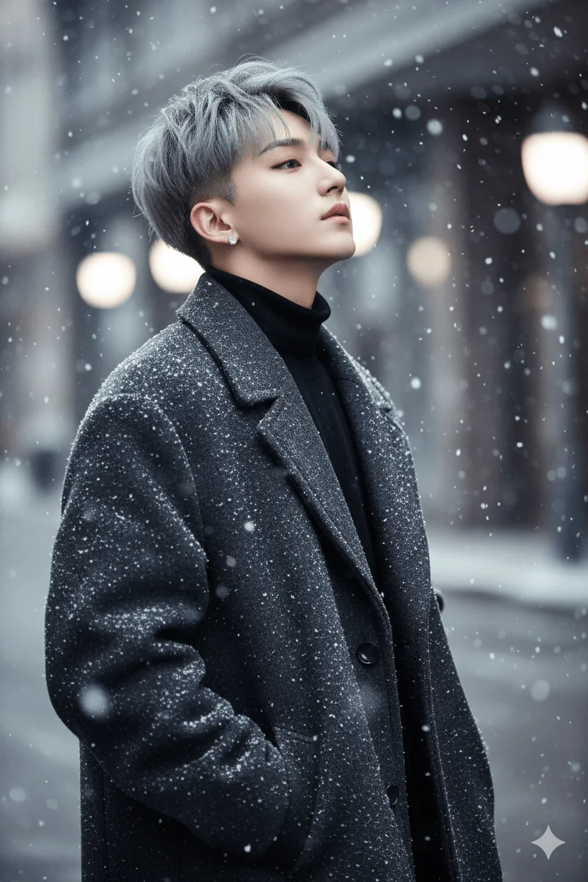Silver-haired man in a dark wool coat looking upward as snow falls