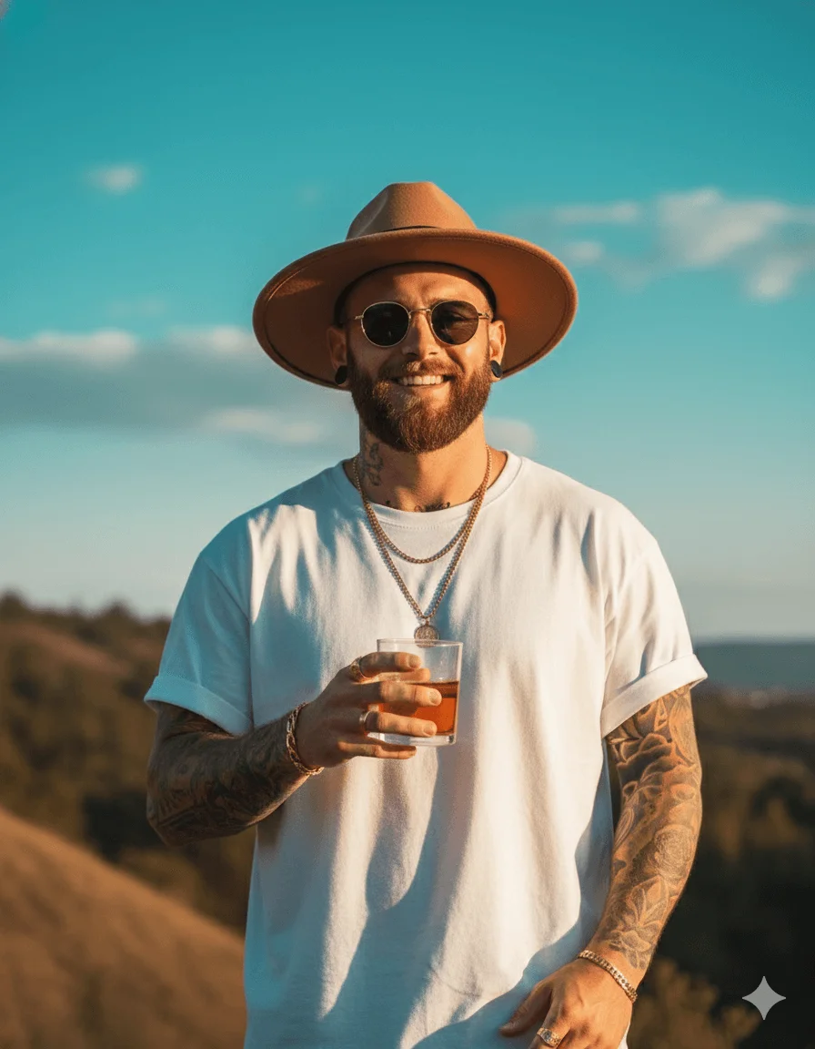 Tattooed man in a tan fedora holding a glass on a sunny hillside