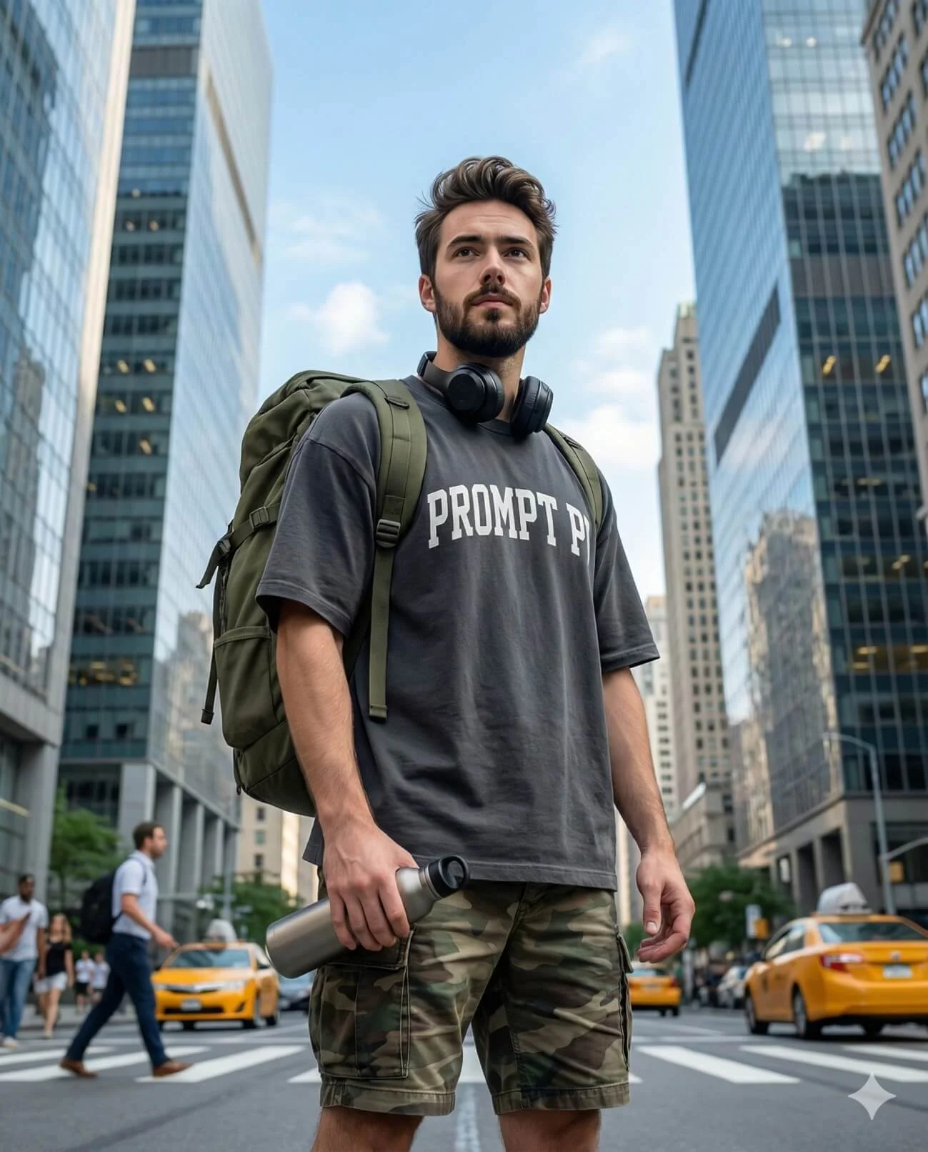 Man with a backpack and water bottle standing between tall city skyscrapers