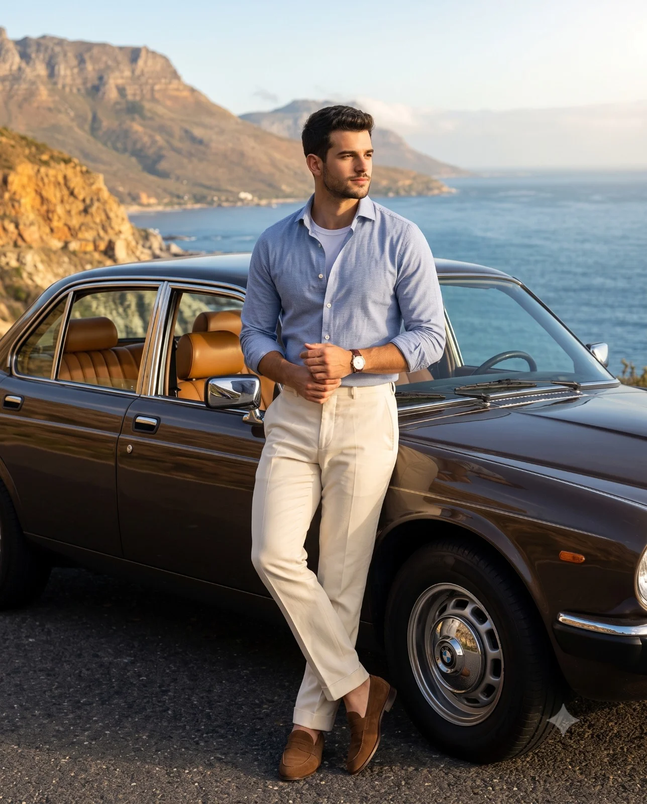 Man in a pale-blue shirt and cream trousers leaning beside a vintage car on the coast