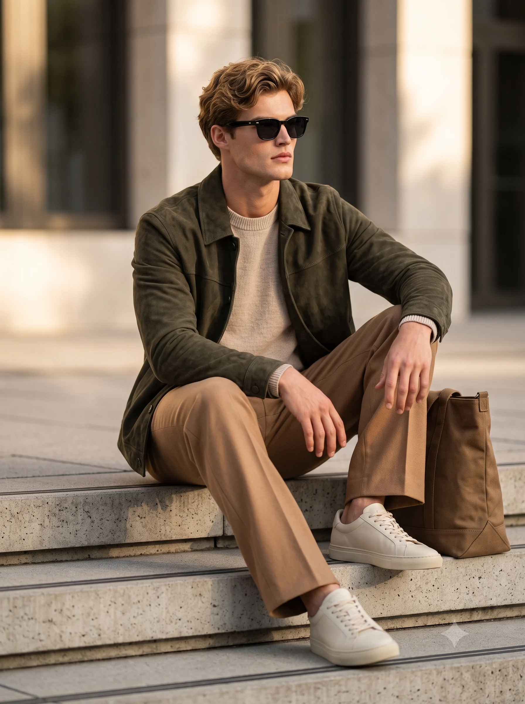 Man in an olive suede jacket and camel trousers seated on outdoor steps