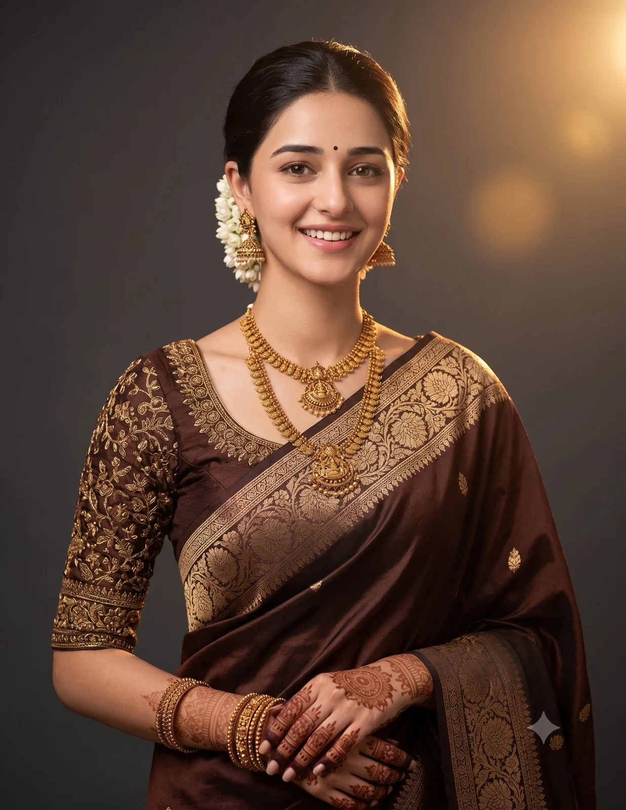 Smiling South Indian bride in a brown silk saree with gold jewelry and mehndi