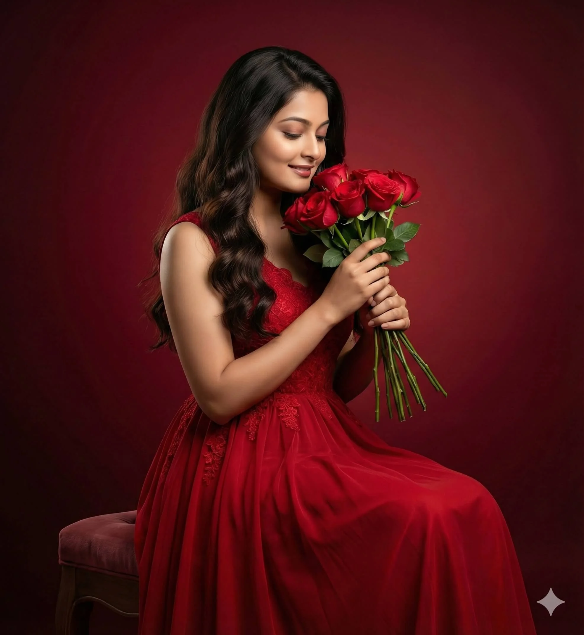 Woman in a deep-red gown smiling as she holds a bouquet of red roses