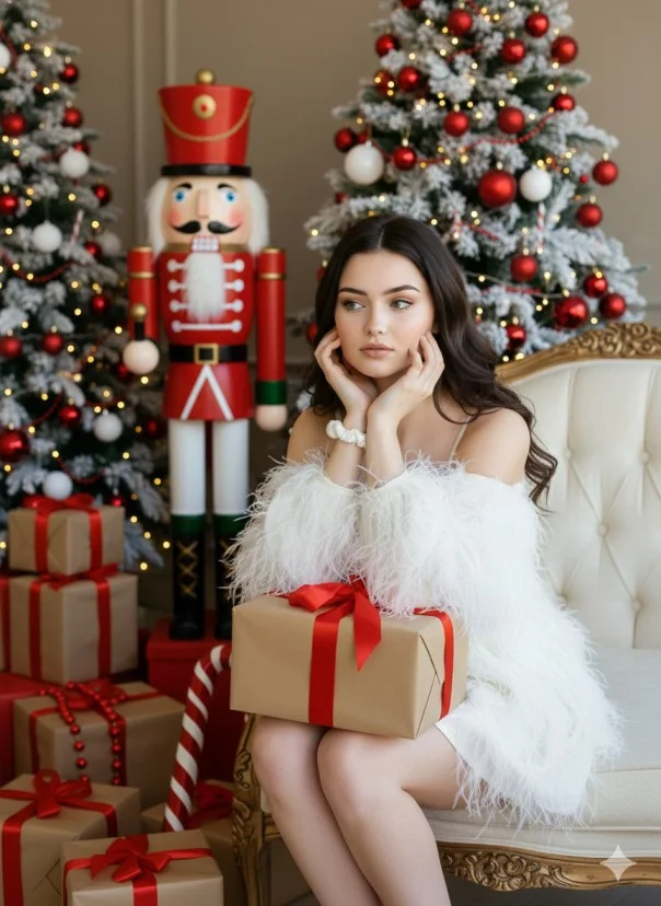 Woman in a white feather dress seated among Christmas gifts and snowy trees