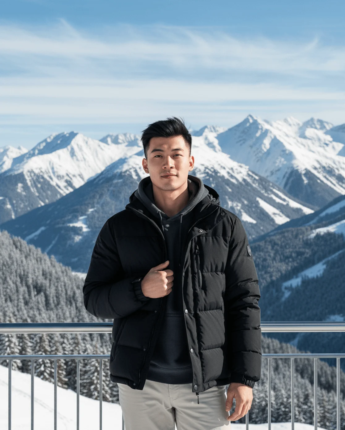 Young man in a black puffer jacket standing before snow-covered Alpine mountains