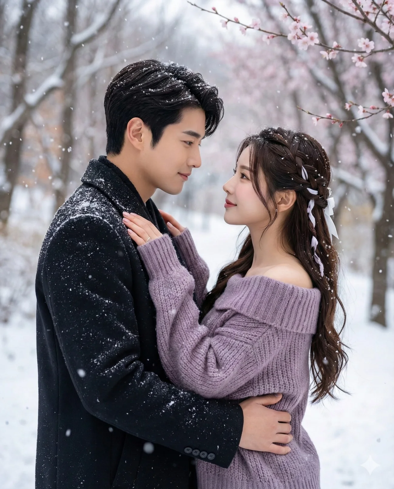 Young couple holding each other and sharing eye contact during gentle snowfall