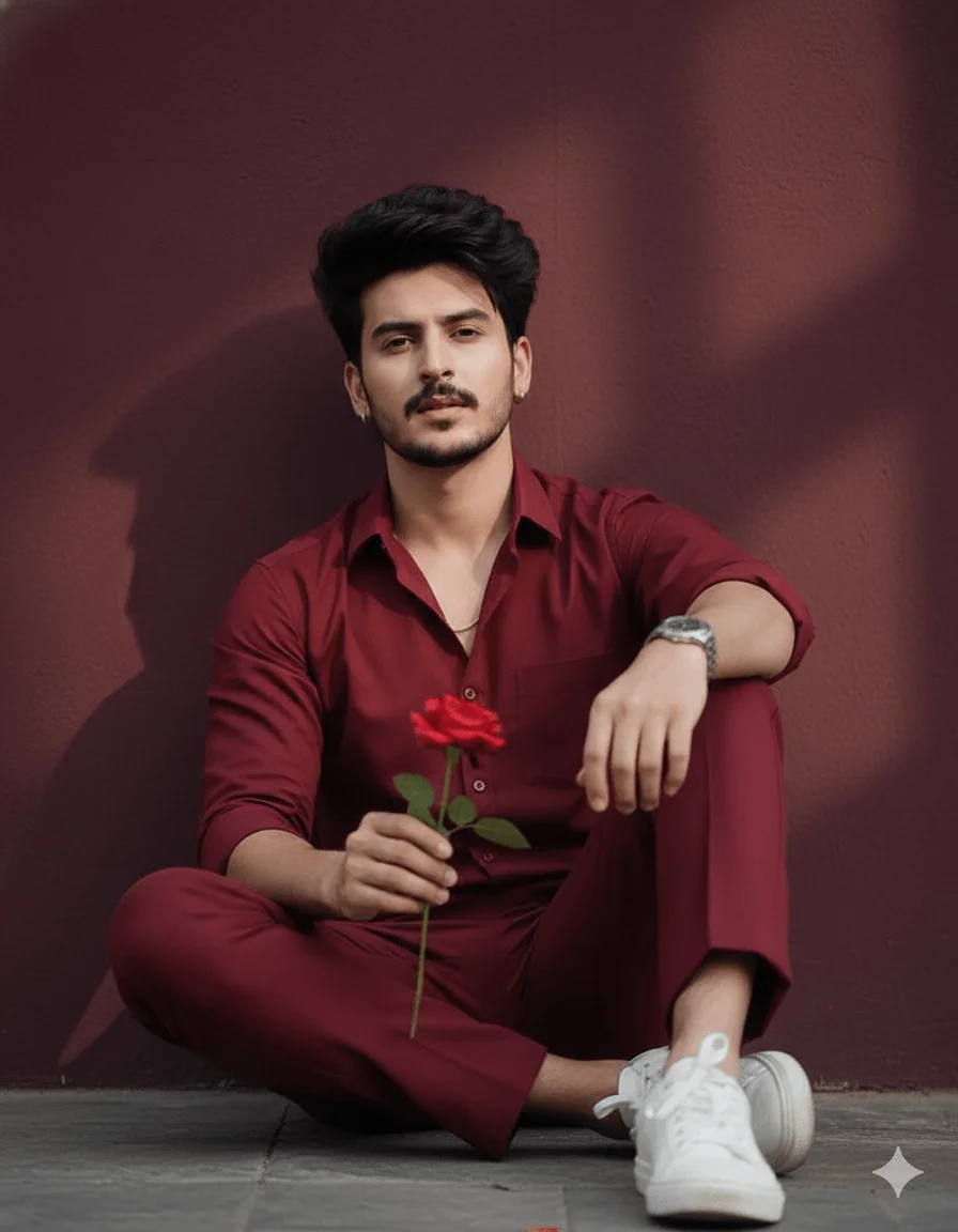 Young man in a wine-red outfit holding a rose against a matching dark-red wall