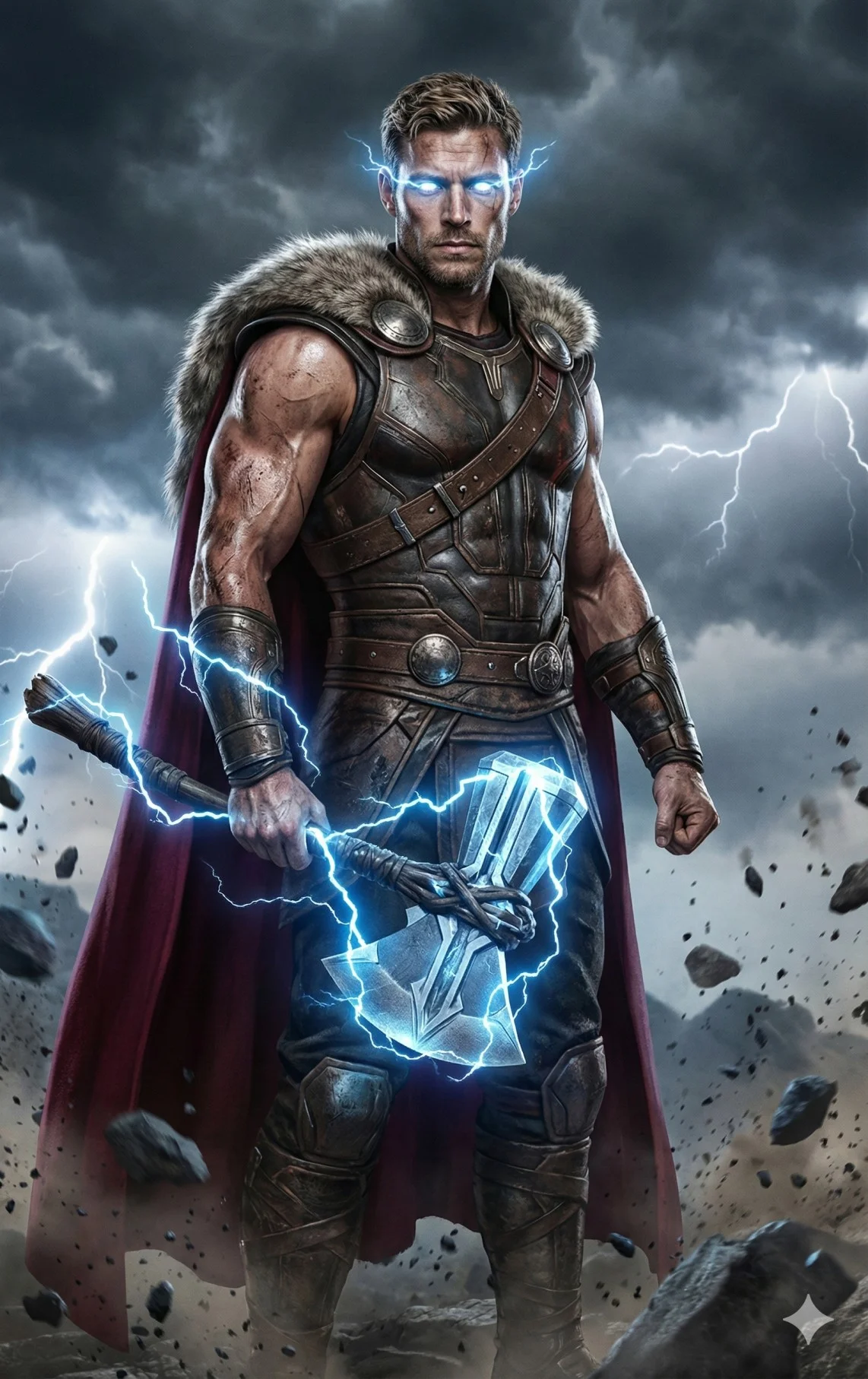 Armored mythic warrior holding a lightning-charged axe beneath a stormy sky