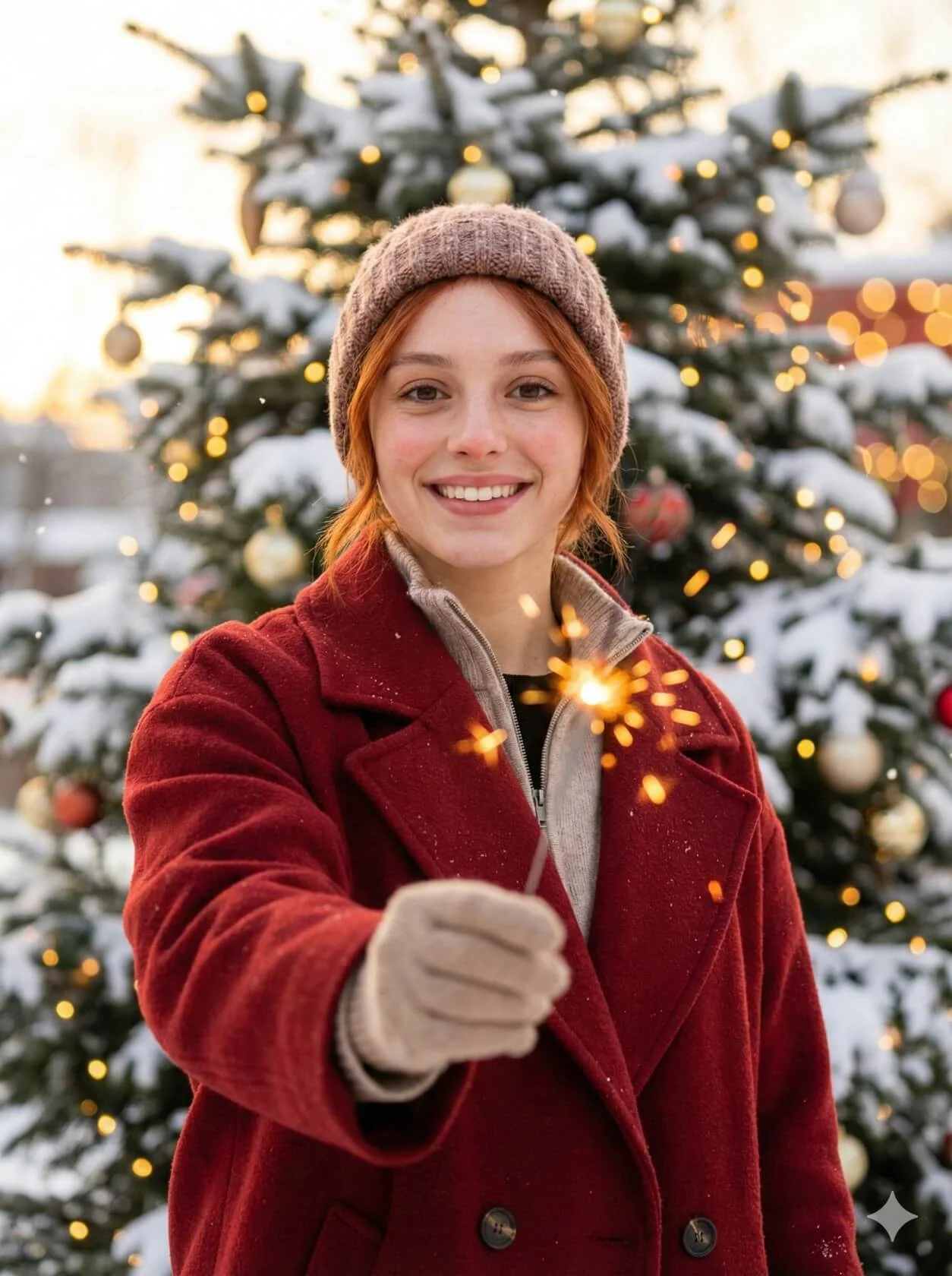 Smiling person holding a glowing sparkler beside a decorated snowy Christmas tree