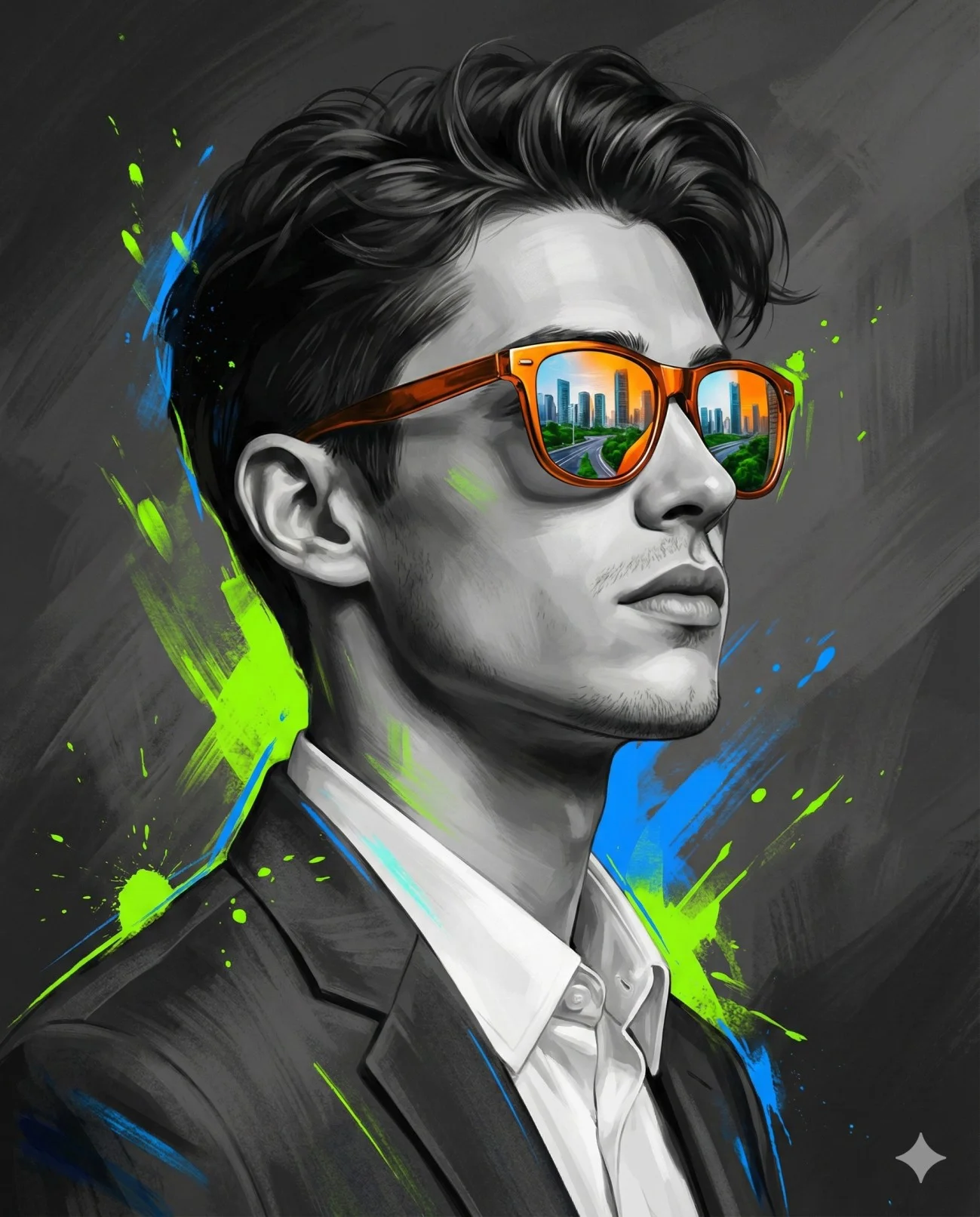 Side-profile man in orange sunglasses surrounded by green and blue paint splashes