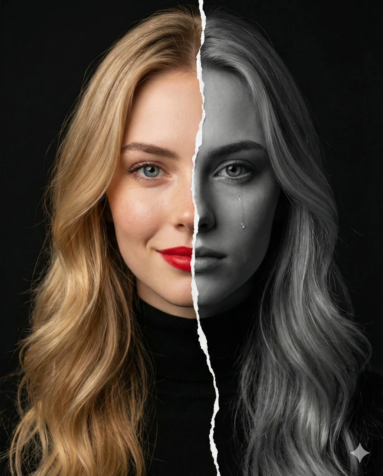 Woman portrait split between a smiling color half and a tearful black-and-white half