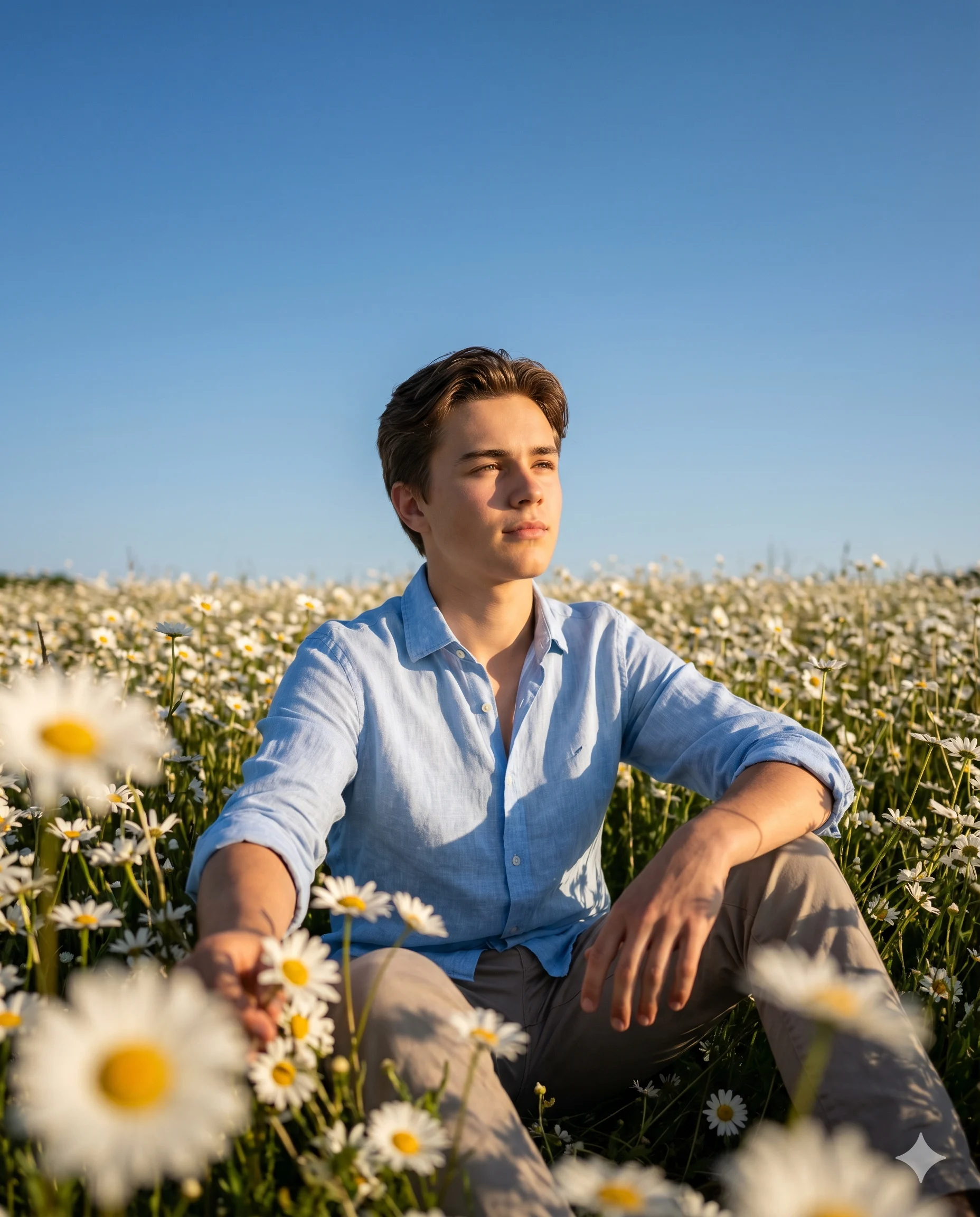 Man in a light-blue shirt seated among white daisies beneath a deep blue sky