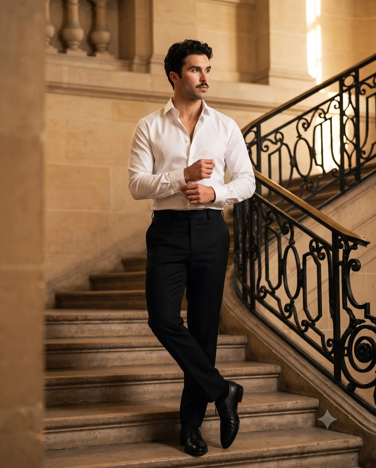 Man in a white shirt and black trousers adjusting his cuff on a stone staircase