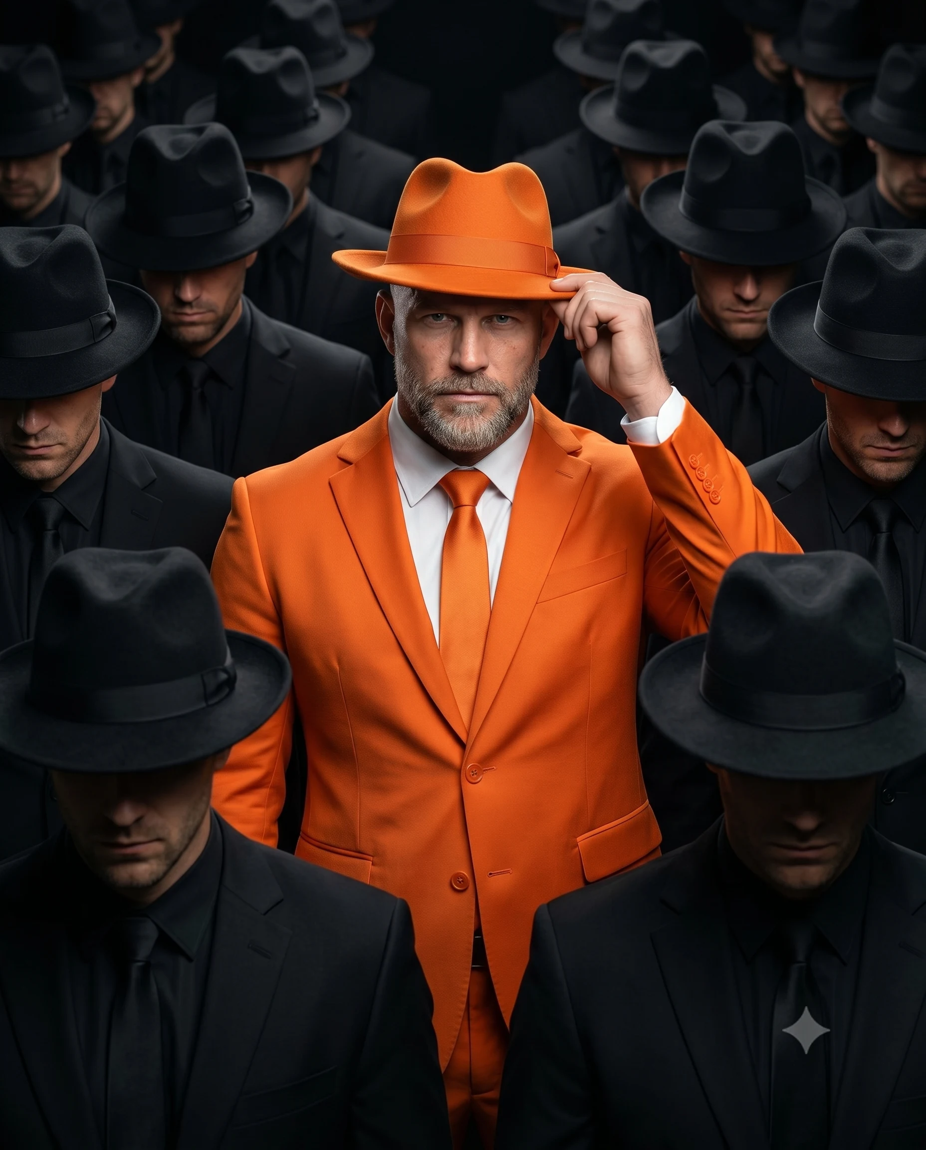 Man in a vivid orange suit and fedora centered among a crowd of men in black