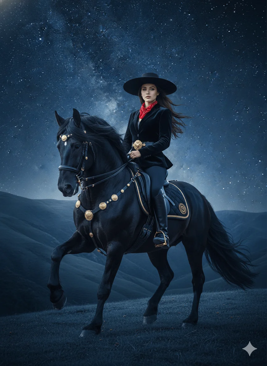 Woman in black equestrian clothing riding a black horse beneath a starry night sky