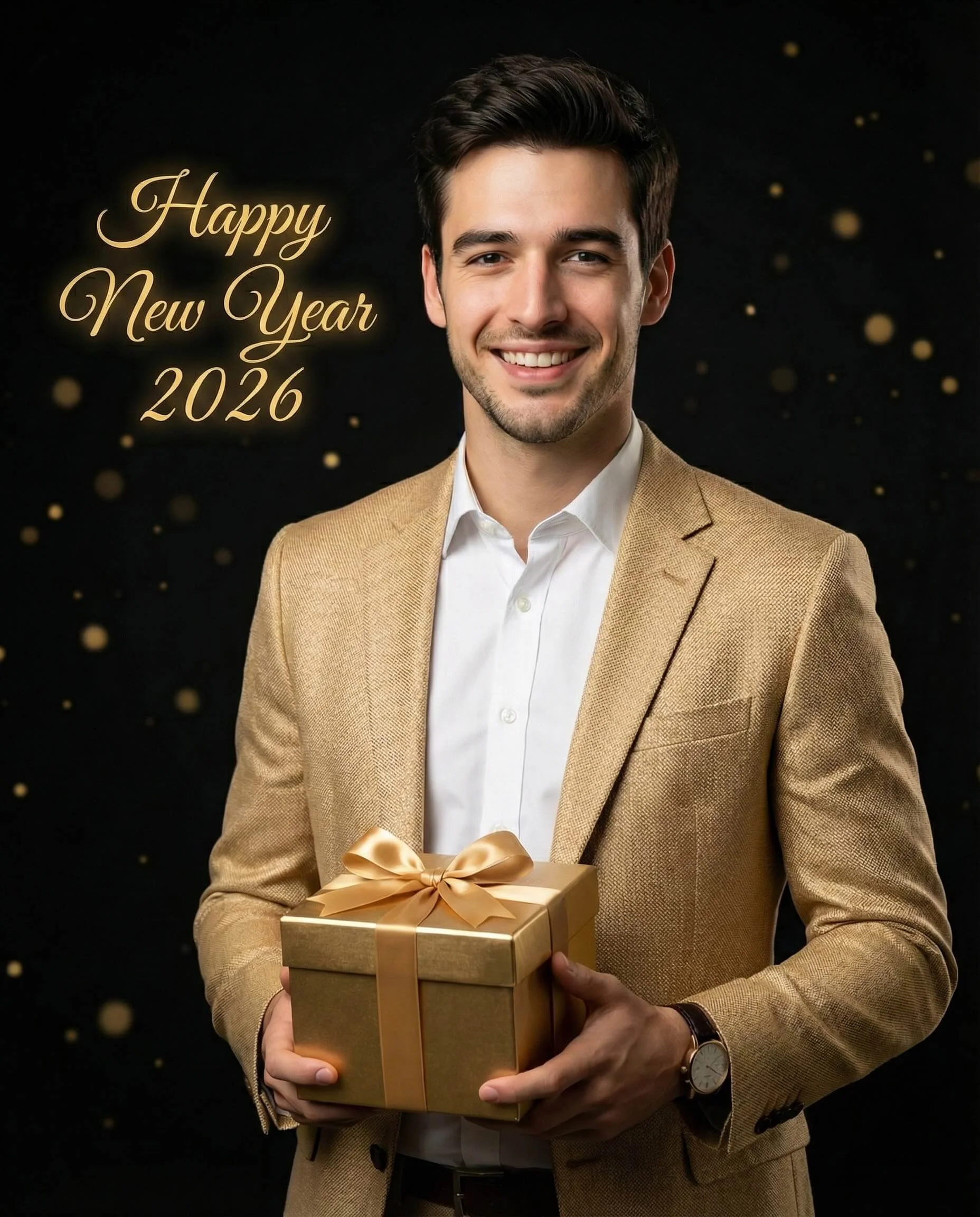 Smiling man in a champagne jacket holding a gold gift beneath Happy New Year 2026 text