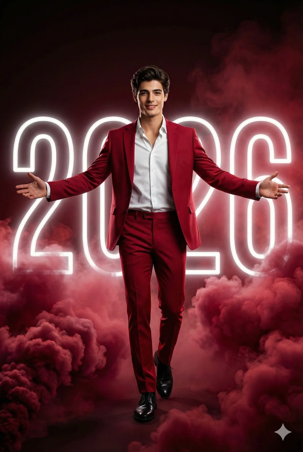 Man in a red suit walking through red smoke in front of glowing 2026 numerals
