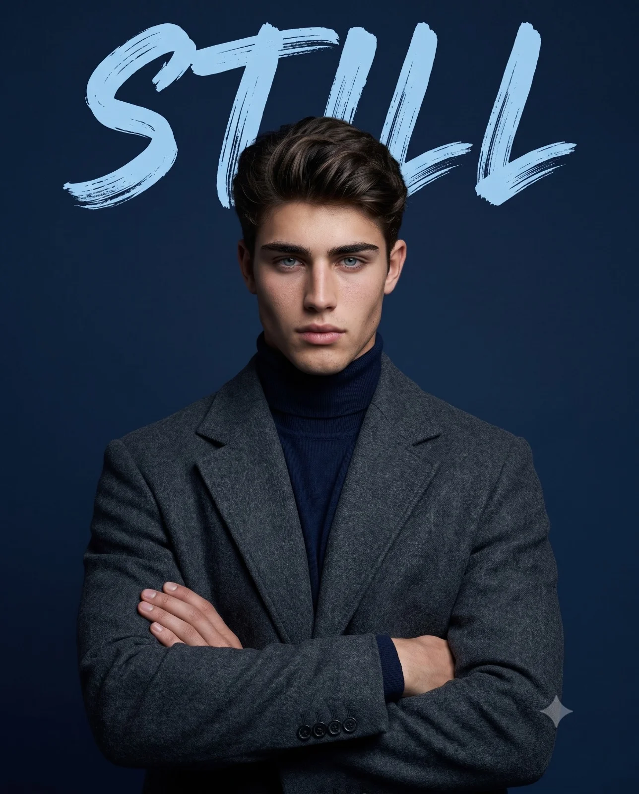Serious man in a dark overcoat beneath large blue STILL brush lettering