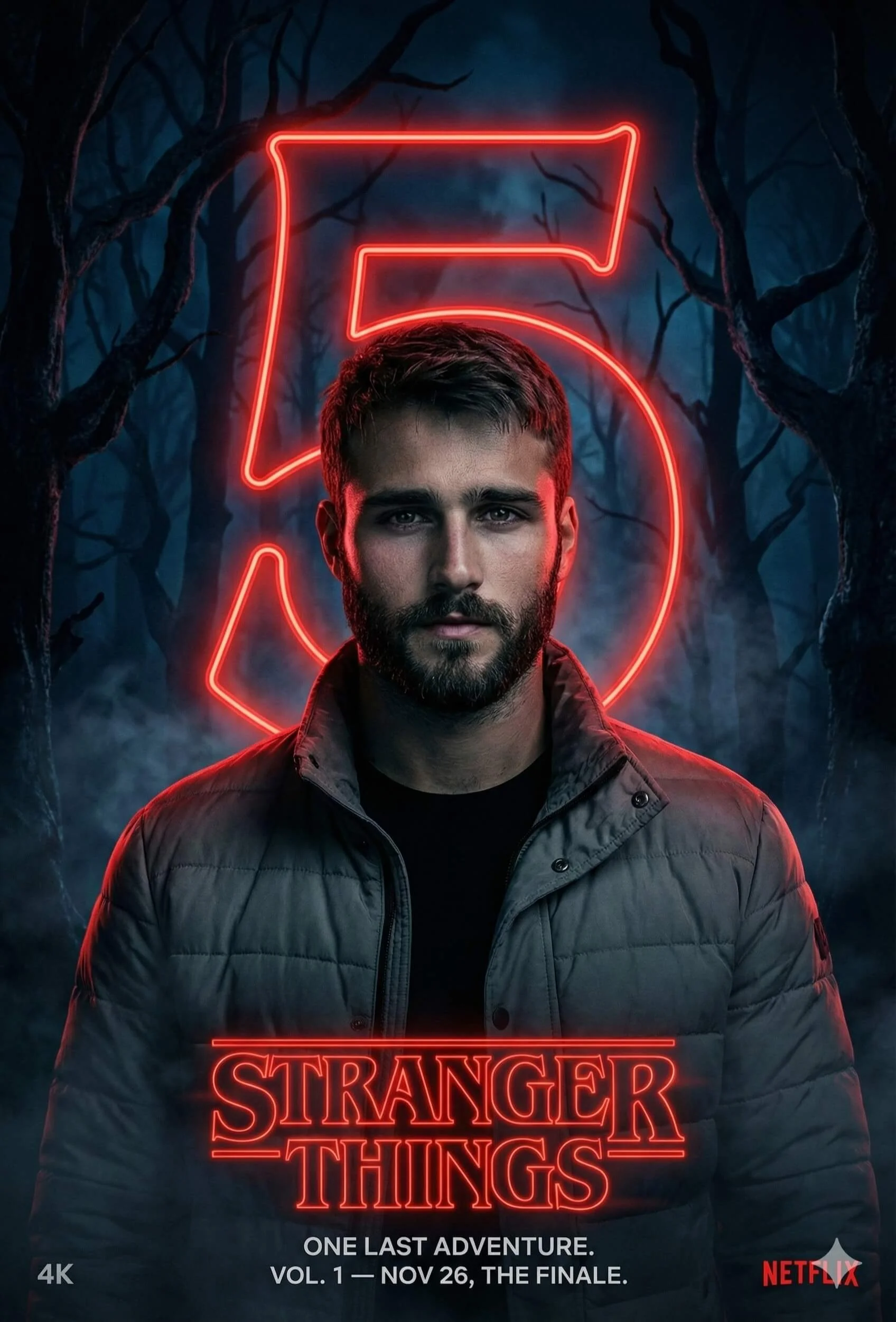 Man in a grey jacket before a glowing red 5 in a dark supernatural forest