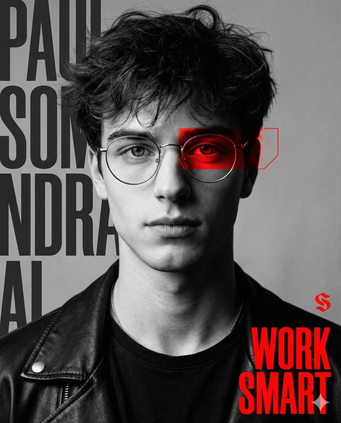 Monochrome man with glasses, a red eye overlay, and WORK SMART poster typography