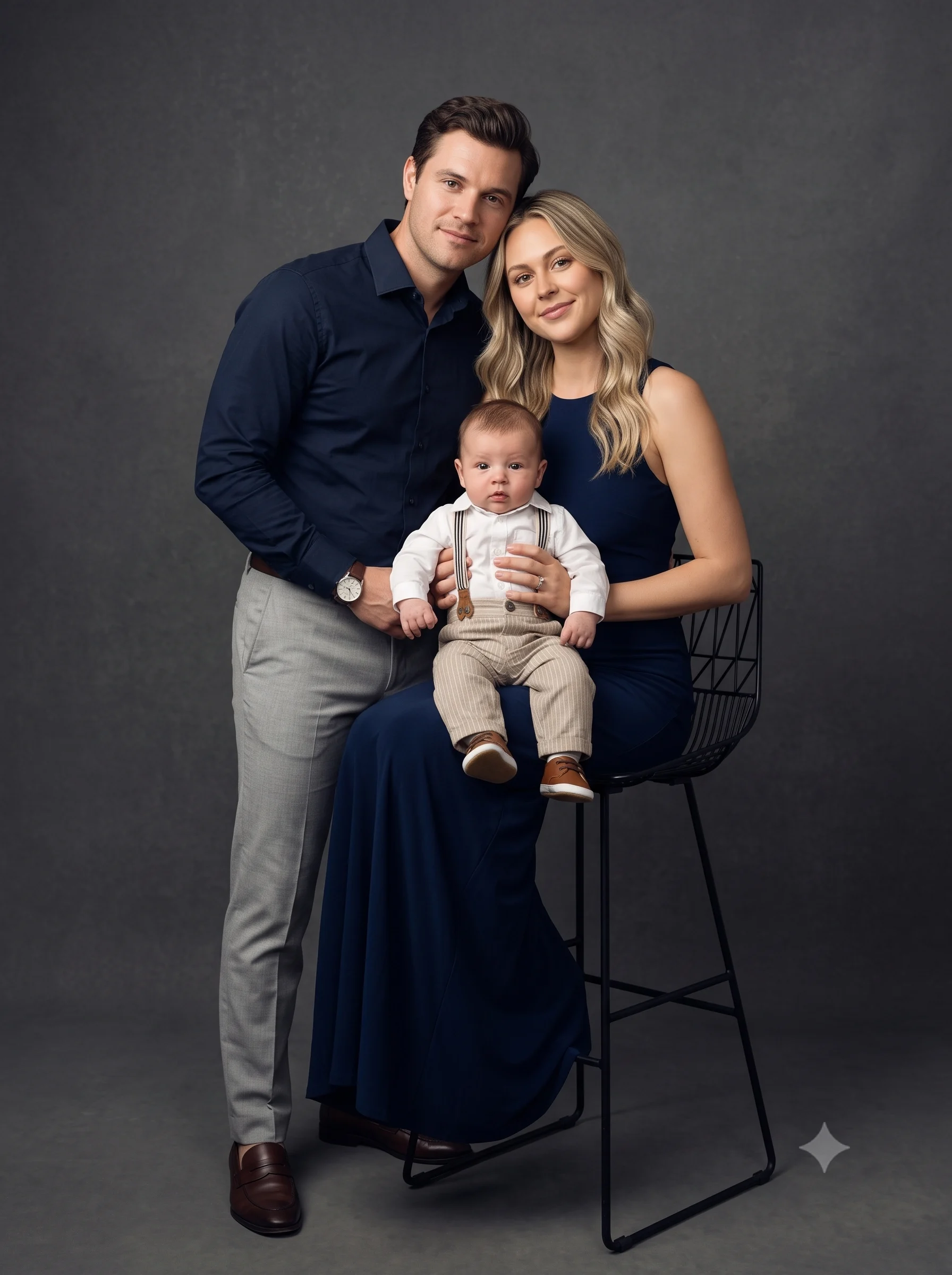Family of three in coordinated navy clothing posed against a charcoal studio background